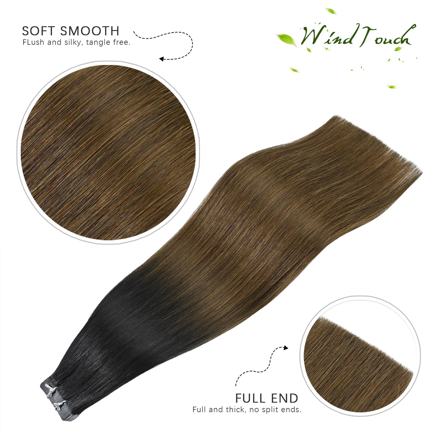 WindTouch Tape in Human Hair Extensions 16 Inch - Balayage Ombre Black to Chocolate Brown, 50g 20pcs, Remy Hair, Glue-Free, Thick Full Ends for Natural Look | Perfect for Daily Wear, Parties, Weddings & Special Occasions