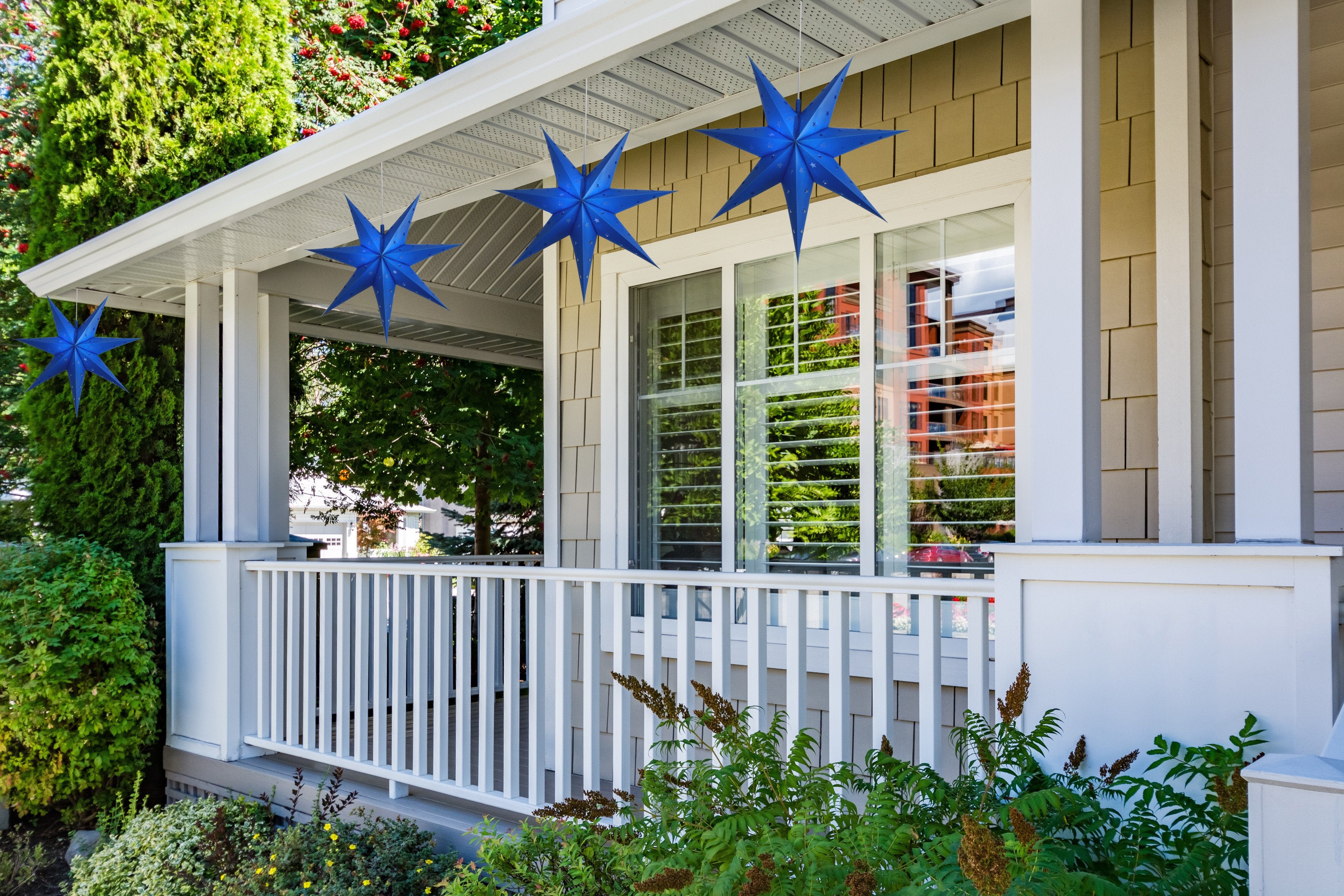3 Pack 24 Inch Dark Blue 7-Point Weatherproof Outdoor Plastic Star Lantern with LED Bulbs & Cord - Perfect for Patio, Garden, Christmas & Holiday Decorations