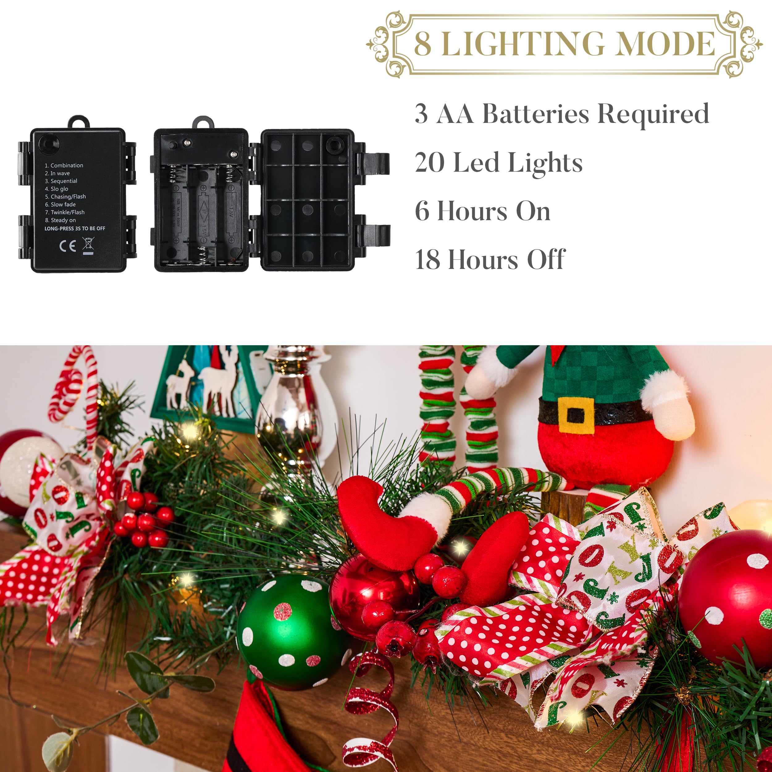 6ft Pre-Lit Christmas Garland with Battery Operated LED Lights - Red Green White Ornament Decor for Mantle, Fireplace, Front Door, Table Centerpiece | Indoor Outdoor Holiday Home Decor (Valery Madelyn)
