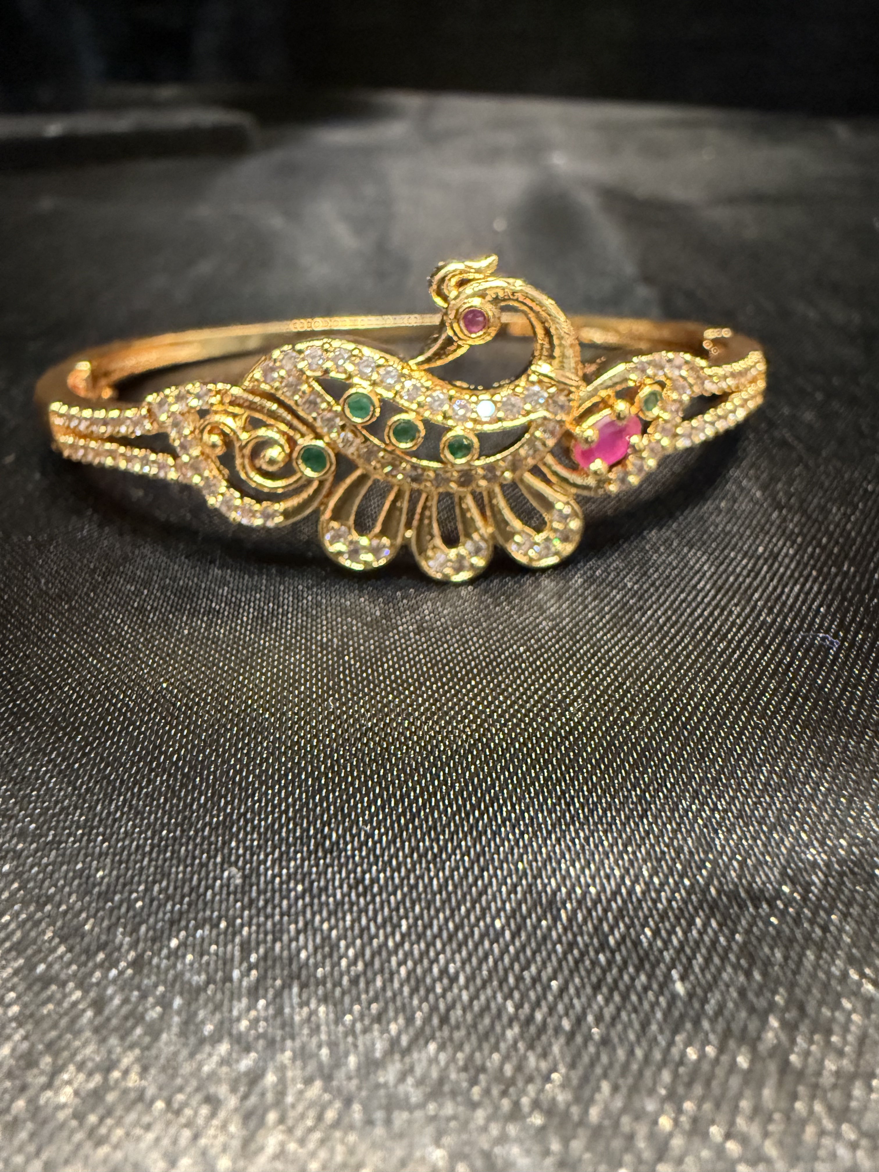 Elegant Gold Plated Peacock Design Bracelet with Green, Hot Pink & White Stones - Perfect for Parties, Weddings & Special Occasions