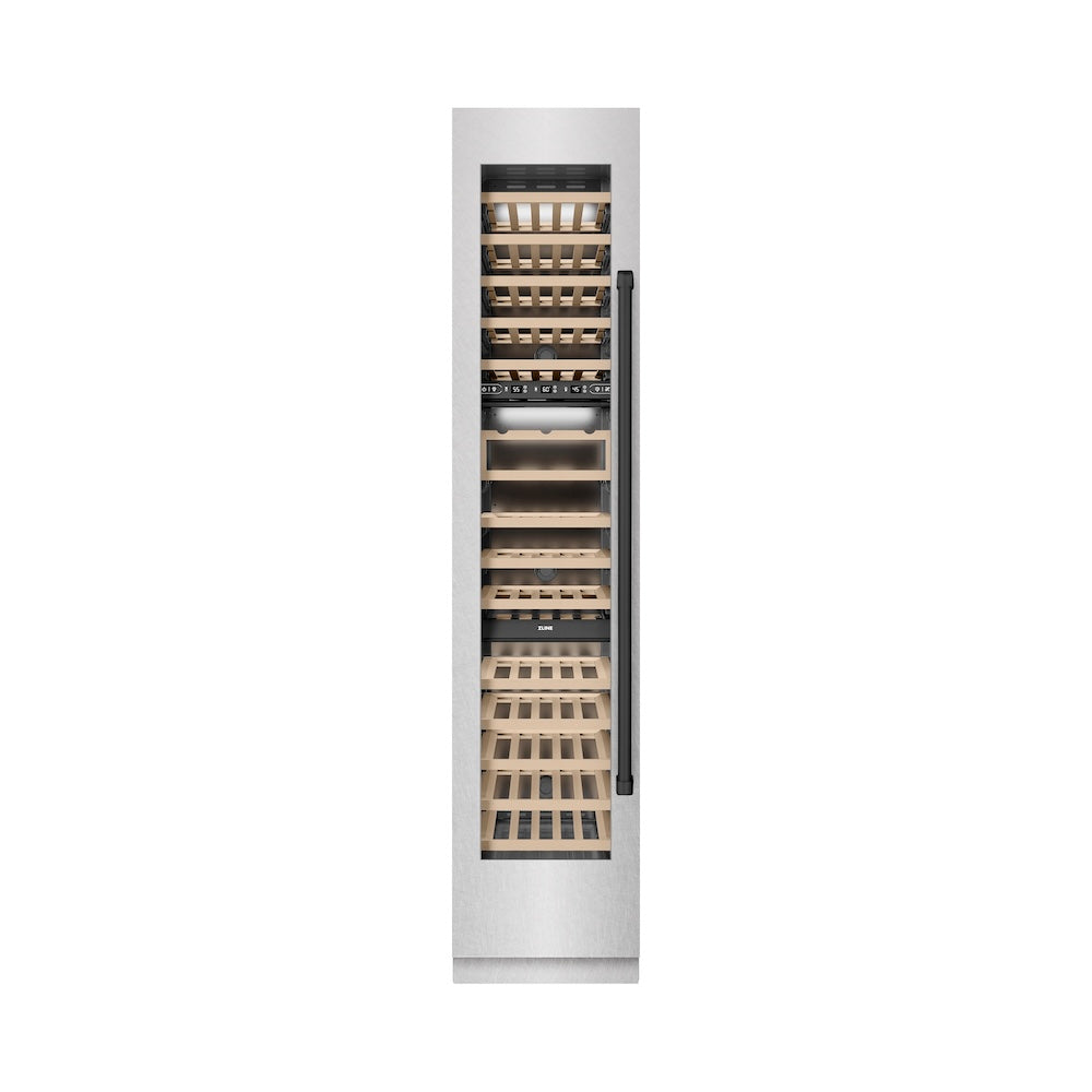 ZLINE Autograph Edition 18-Inch 9.0 cu ft Triple Zone 68-Bottle Left Hinge Wine Cooler - Satin Stainless Steel with Matte Black Accents - Perfect for Home Bars, Wine Cellars & Entertaining Spaces (RCWVLZ SN 18 MB)