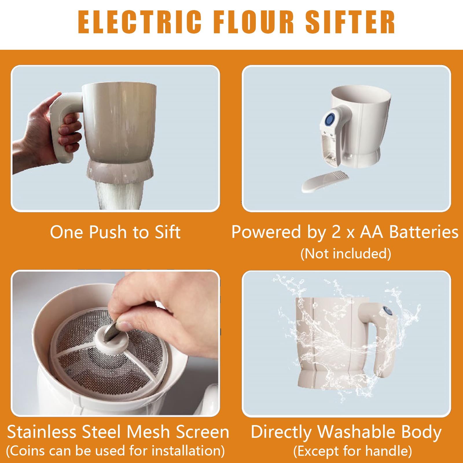 Electric Flour Sifter with Dough Scraper & Flour Spoon - 4 Cup Battery Powered Handheld Sieve for Baking | Perfect for Quick Sifting Flour, Cake Mixing & Cookie Dough Prep
