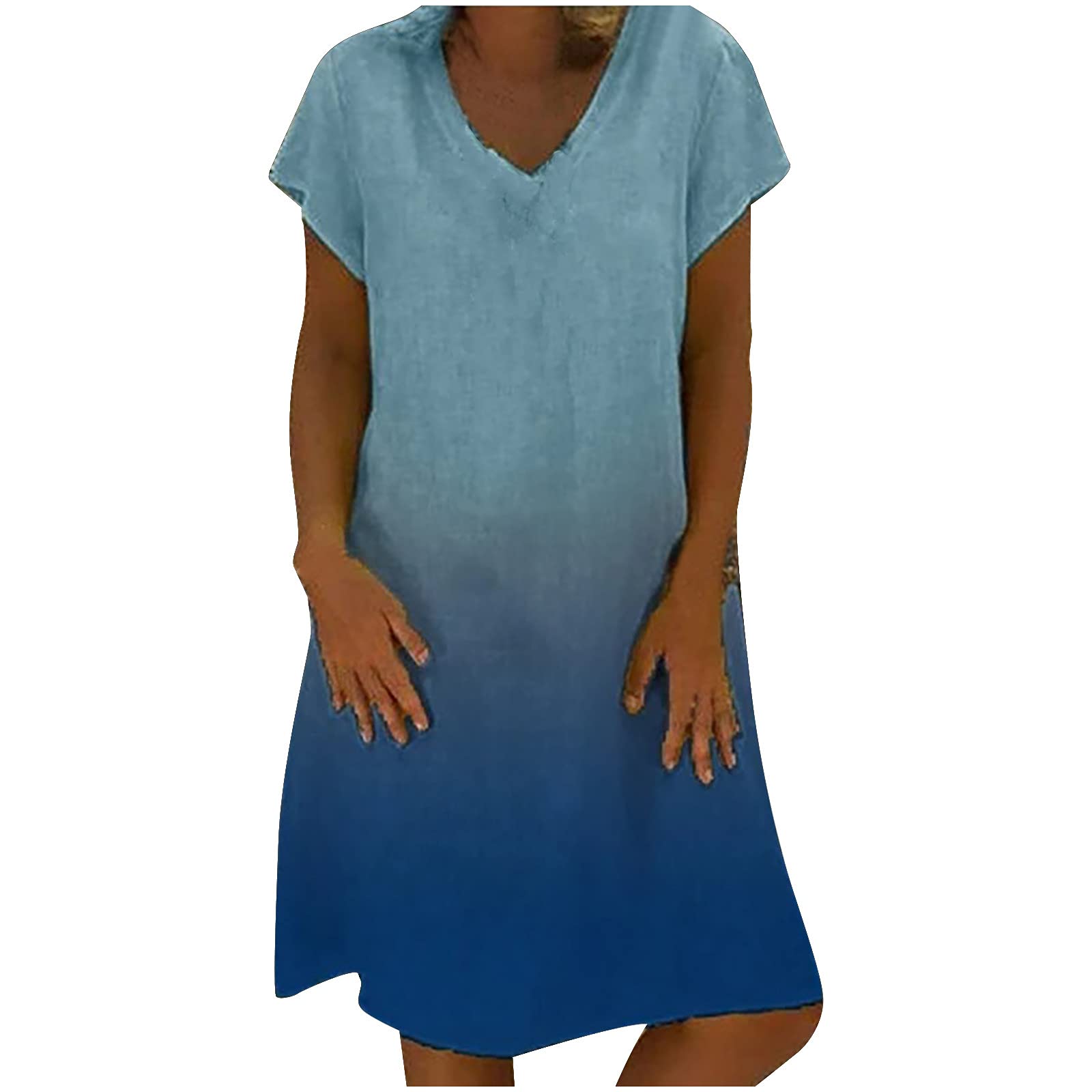 Howley Women's V-Neck Short Sleeve Gradient Tunic Dress - Casual Knee Length Summer Sundress for Beach, Vacation & Everyday Wear