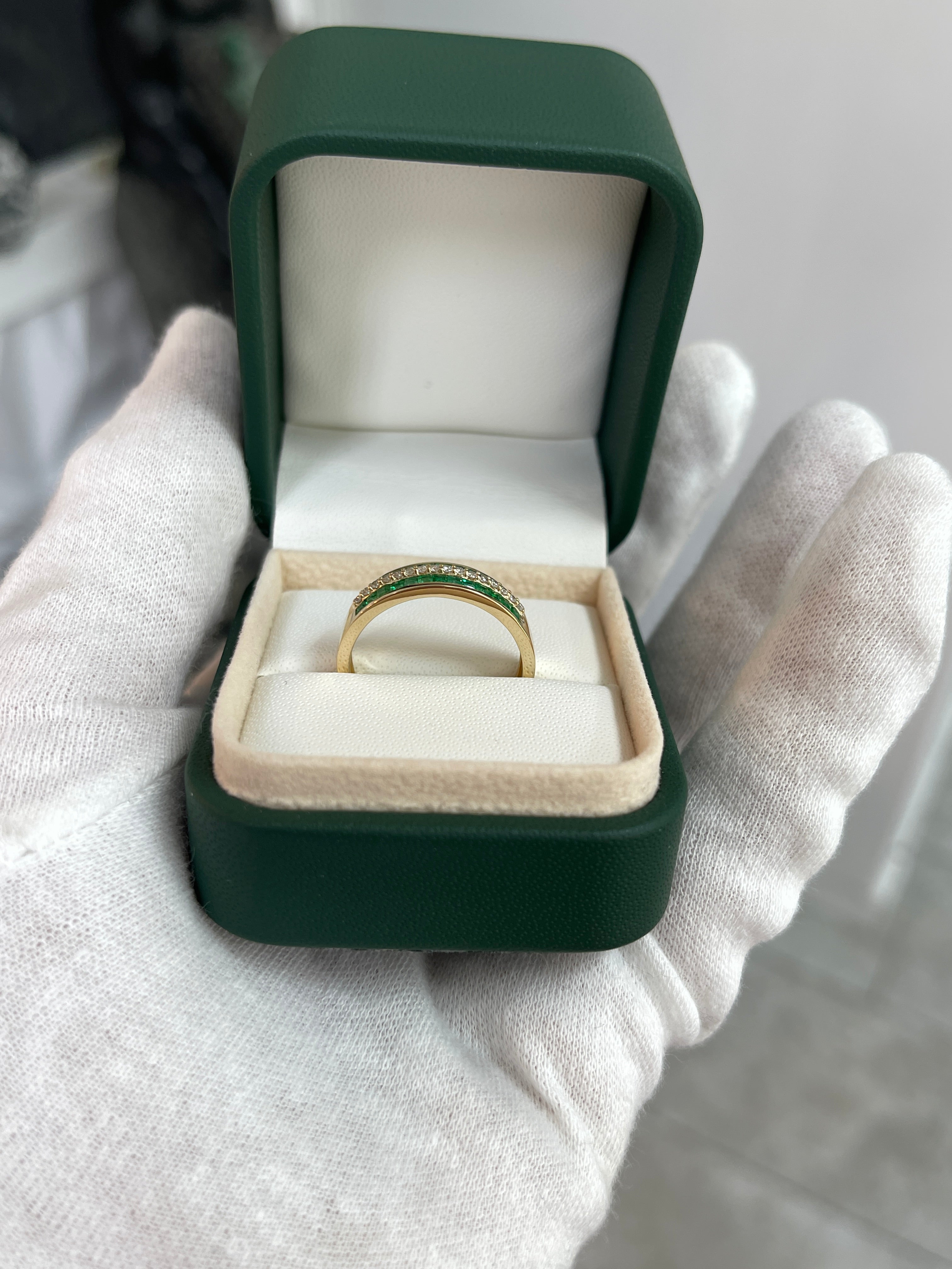 14K Gold Three Row Square Emerald & Diamond Wedding Band - 6mm Wide Elegant Stackable Ring for Bridal, Anniversary & Special Occasions