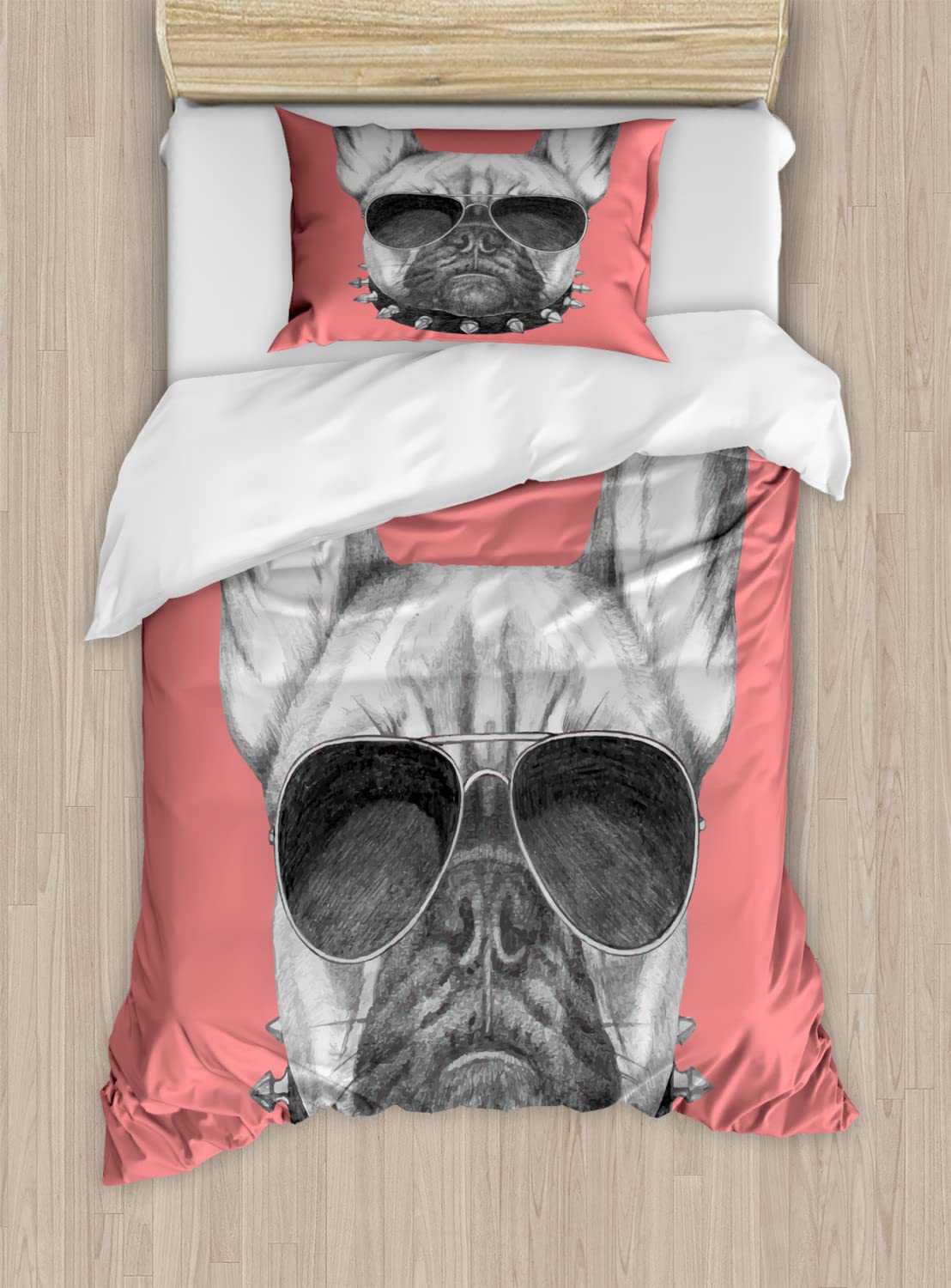 Ambesonne Bulldog Duvet Cover Set - Hand Drawn Dog Portrait with Collar & Sunglasses Print - 2 Twin Size Duvet Covers & 2 Pillowcases - Black Grey Pink Bedding Set for Dog Lovers - Perfect for Kids Rooms & Pet Themed Decor