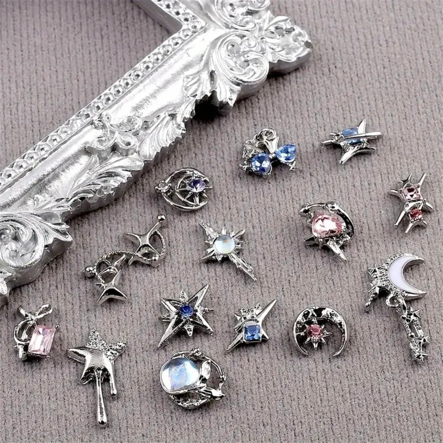 16 Styles Cute Moon & Star Y2K Nail Charms - Silver Alloy Luxury Dangle Charms for Acrylic Nails, Nail Gems & Rhinestones - Shiny Crystal Metal Nail Art Jewelry Supplies for DIY Manicure - Perfect for Parties, Weddings & Salon Nail Designs