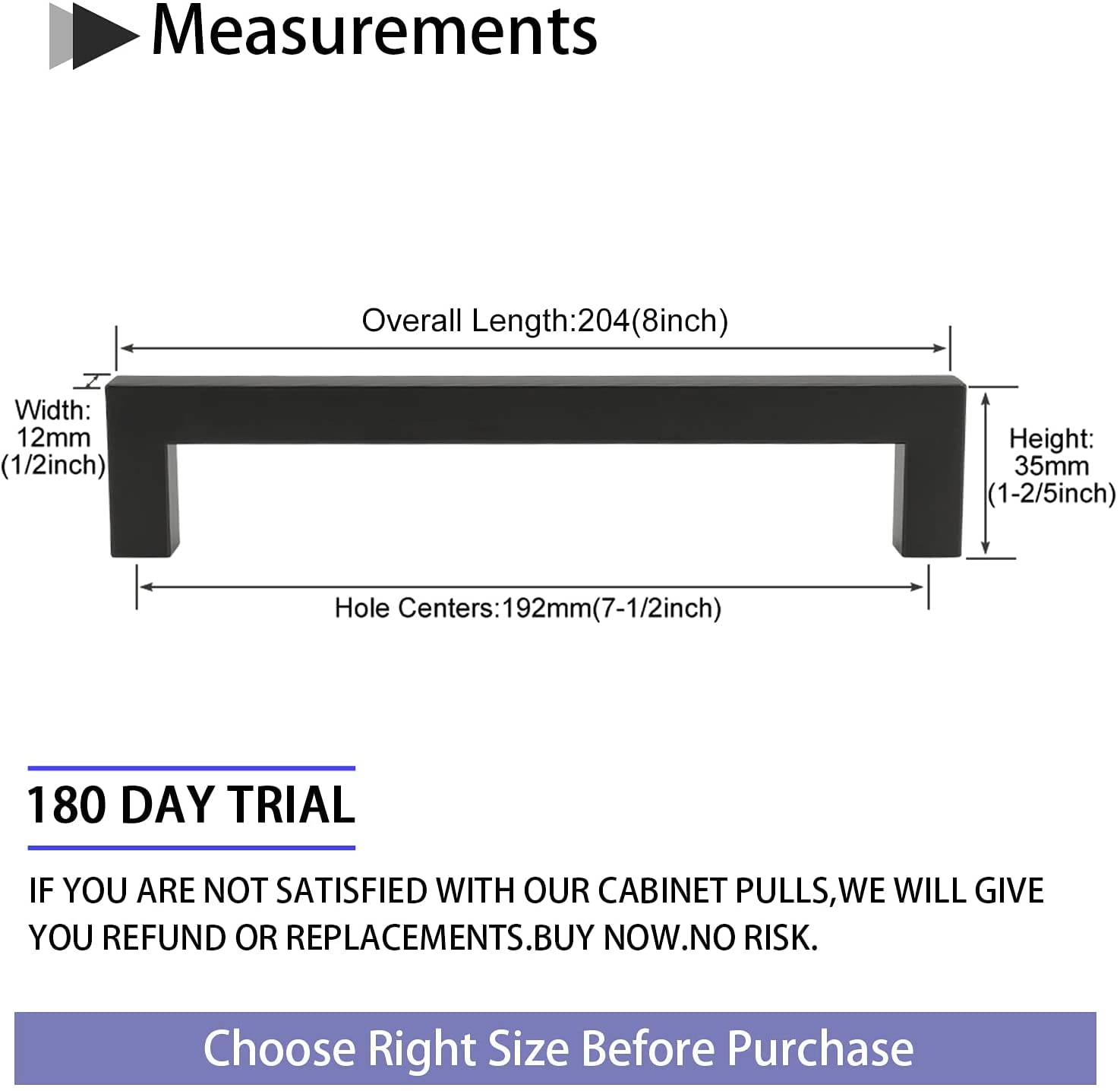 50 Pack Black Square Cabinet Pulls - 7-1/2 Inch Hole Center, Stainless Steel Modern Kitchen & Bathroom Drawer Handles - Perfect for Cabinet Upgrades, Home Renovation & DIY Projects