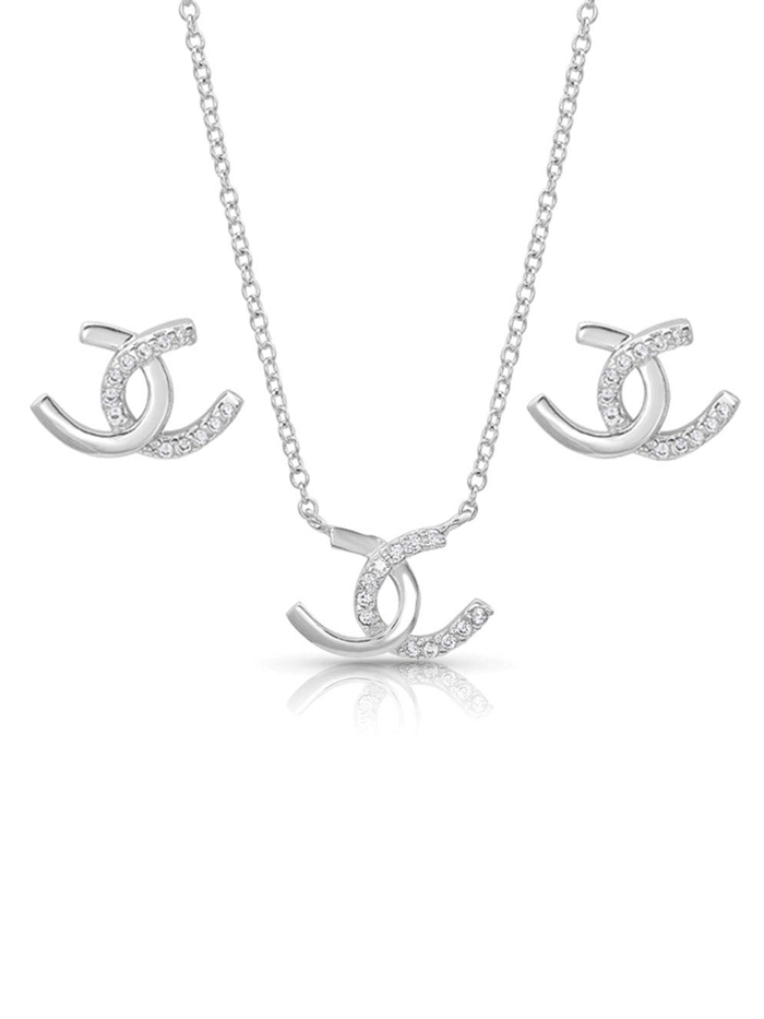 Montana Silversmiths JS4505 Women's Horseshoe Happiness Jewelry Set - Sterling Silver Necklace & Earrings Set - Western Cowgirl Jewelry for Everyday Wear & Special Occasions