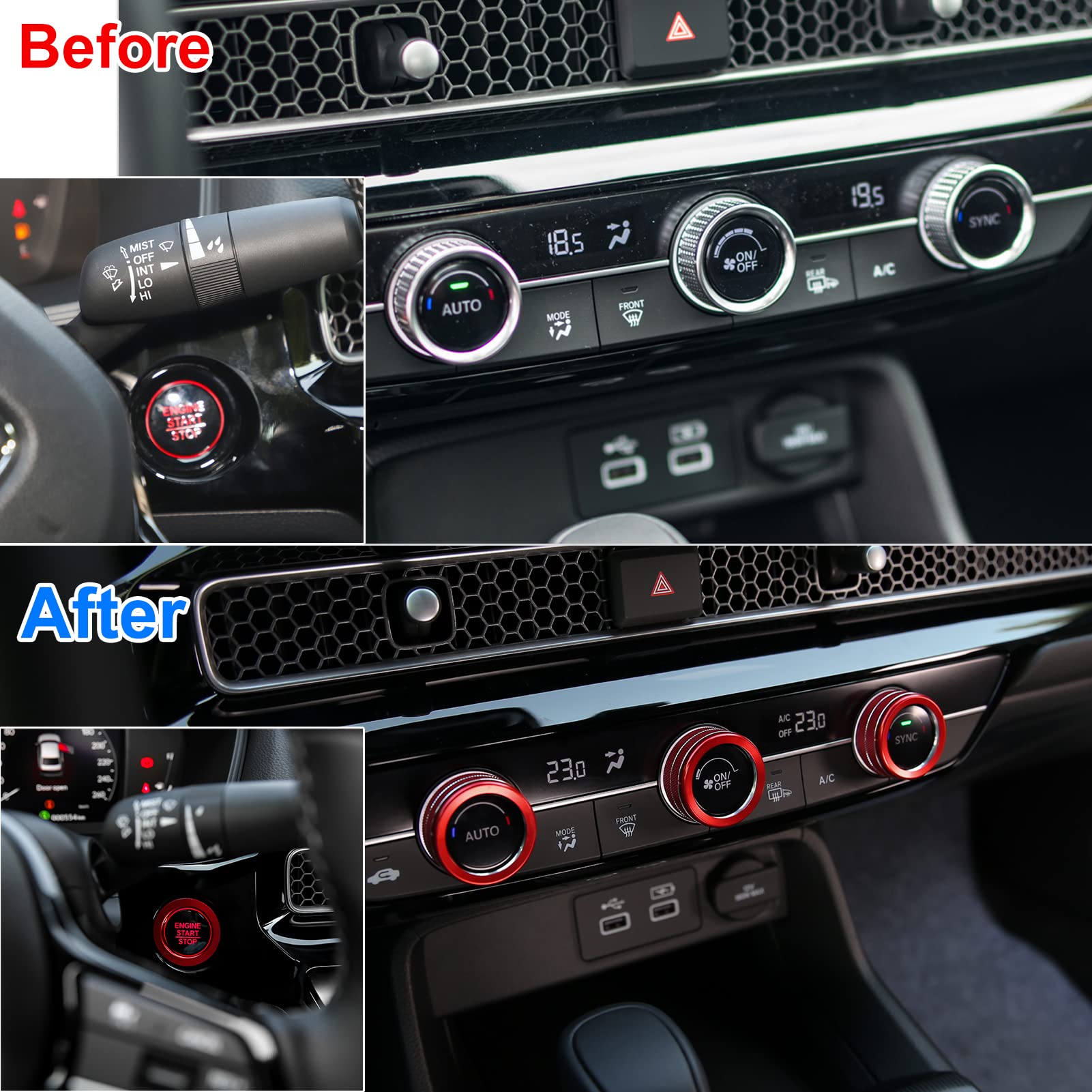 Compatible with Honda Civic Accord CR-V HR-V 2023-2025 | 11th Gen Civic Accessories | Red Car Center Console Cover & AC Knob Engine Start Cover Rings | Interior Upgrade for Enhanced Driving Experience