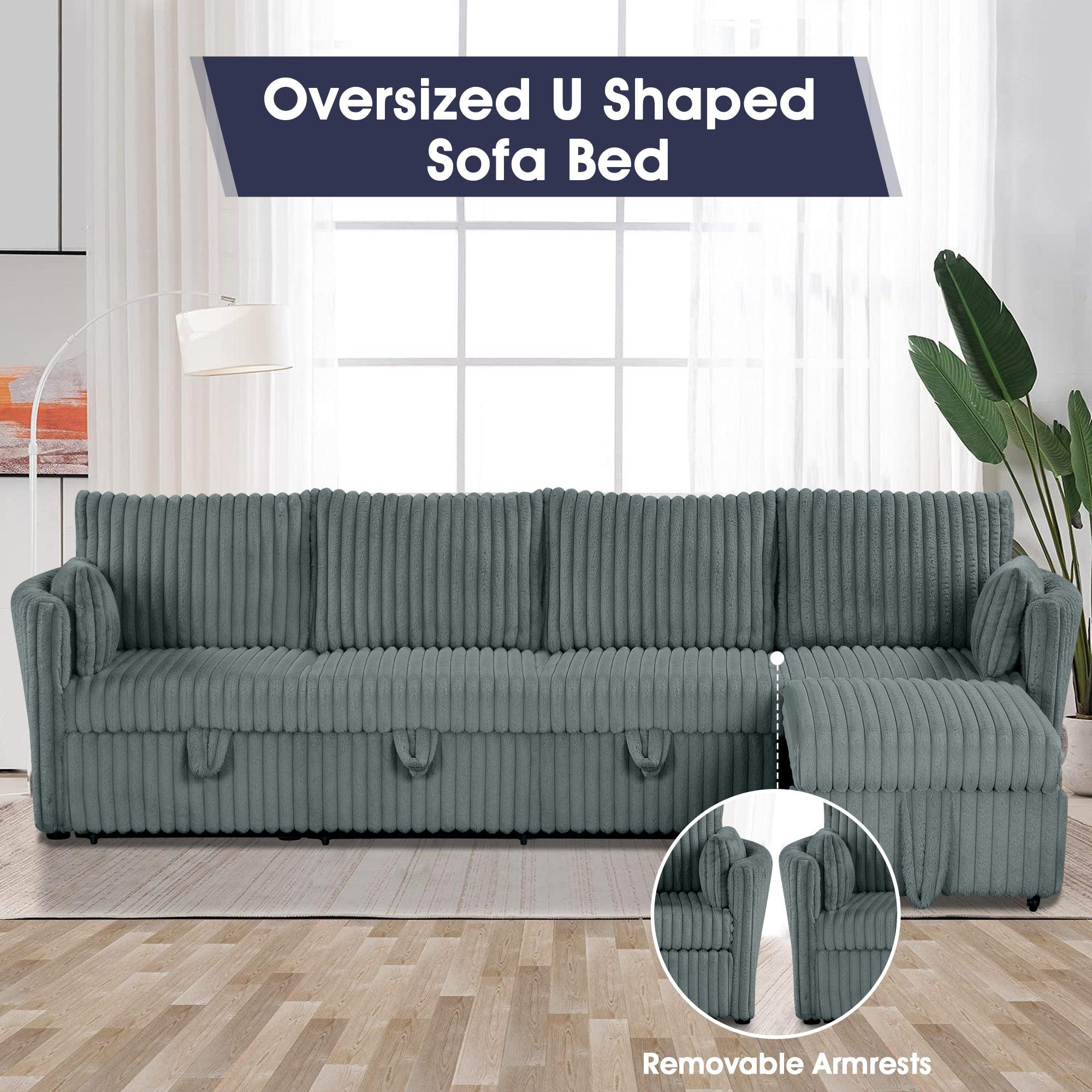 Dark Gray Faux Fur Oversized Convertible Sleeper Sectional Sofa with USB Charging Ports - 3-in-1 Couch, Daybed & Pull-Out Chair with 2 Pillows - Modern Living Room Furniture for Small Spaces, Apartments & Home Theater Lounging