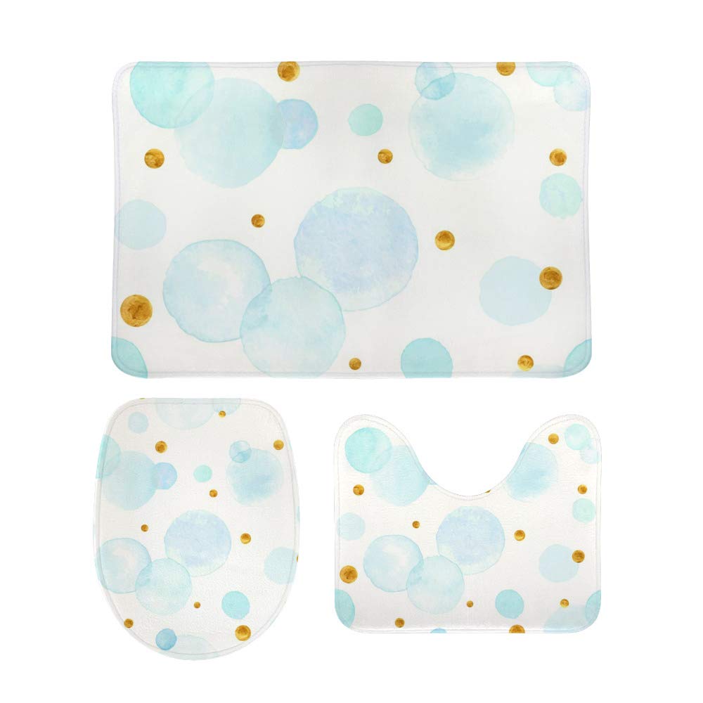 Non-Slip 3-Piece Bathroom Rug Set - Soft Coral Fleece Contour Toilet Mat & Lid Cover with Watercolor Circles Design for Bath, Shower, and Toilet Areas - Perfect for Modern Home Decor