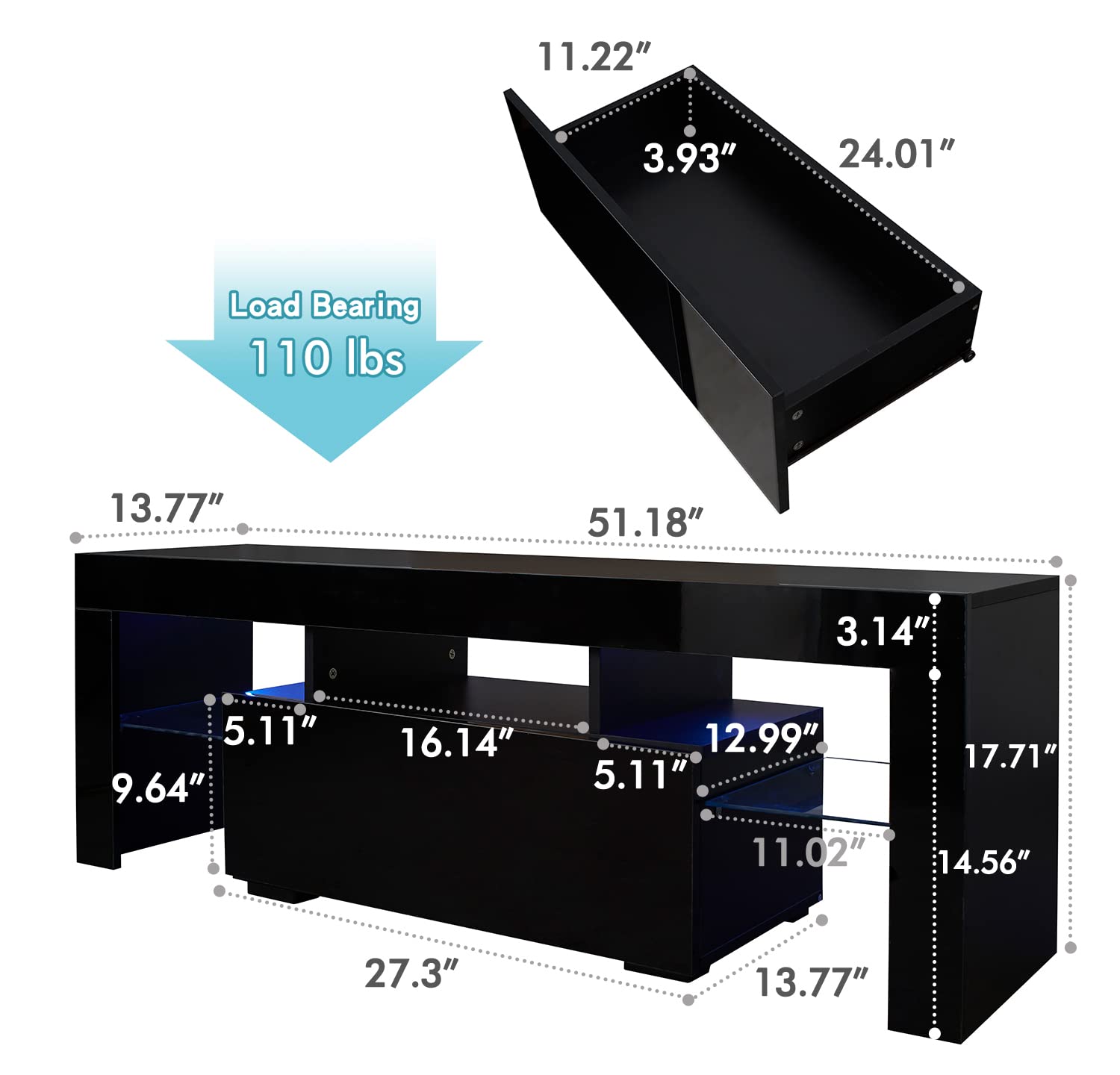 Modern Black TV Stand with LED Lights & Storage for 40-55 Inch TVs - Gaming Entertainment Center & Media Console for Living Room, Bedroom & Home Theater