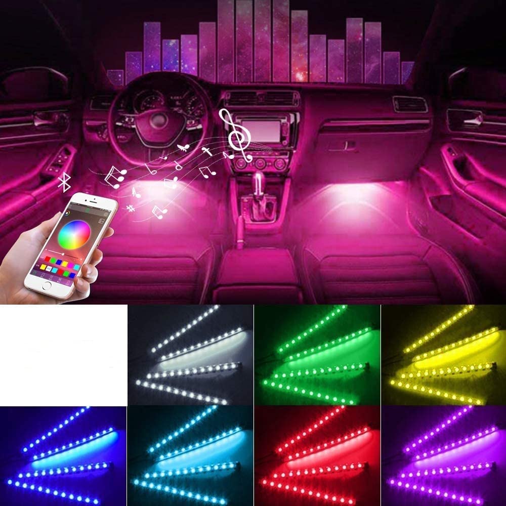 OONOL Bluetooth Car LED Strip Lights 4pcs - Multicolor Under Dash Neon Lights with Music Sync & App Control, 12V DC 48 LED Interior Lighting Kit for DIY Auto Decoration, Party, Night Driving & Car Shows
