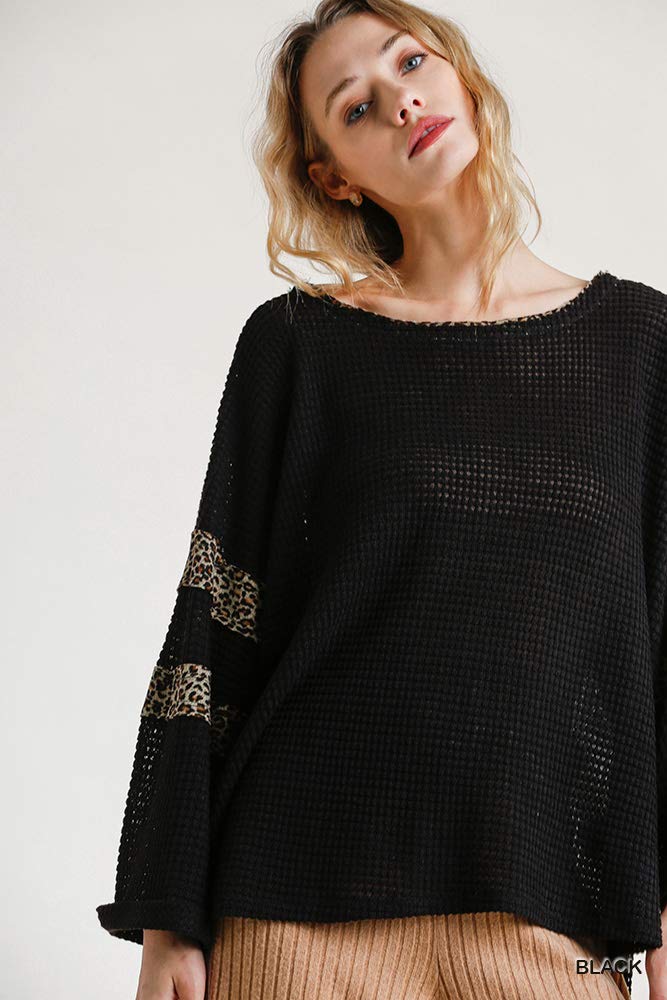 Umgee Women's Animal Print Waffle Knit Long Sleeve T-Shirt - Casual Fall & Winter Tops for Women, Perfect for Layering, Office Wear & Weekend Outfits
