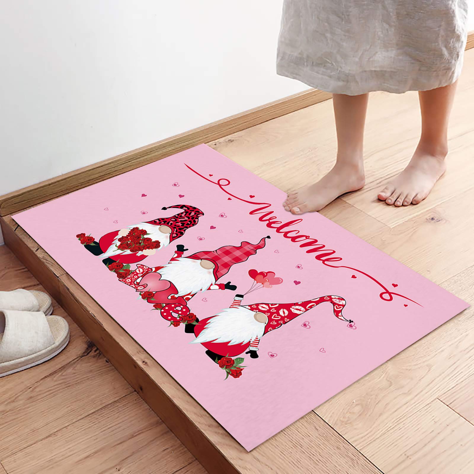 Valentine's Day Welcome Doormat - Funny Gnome Design Non-Slip Entrance Mat for Kitchen, Bathroom, Living Room - 16x24 Inch Pink Heart Door Mat - Perfect for Valentine's Gift, Home Decor & Romantic Surprises