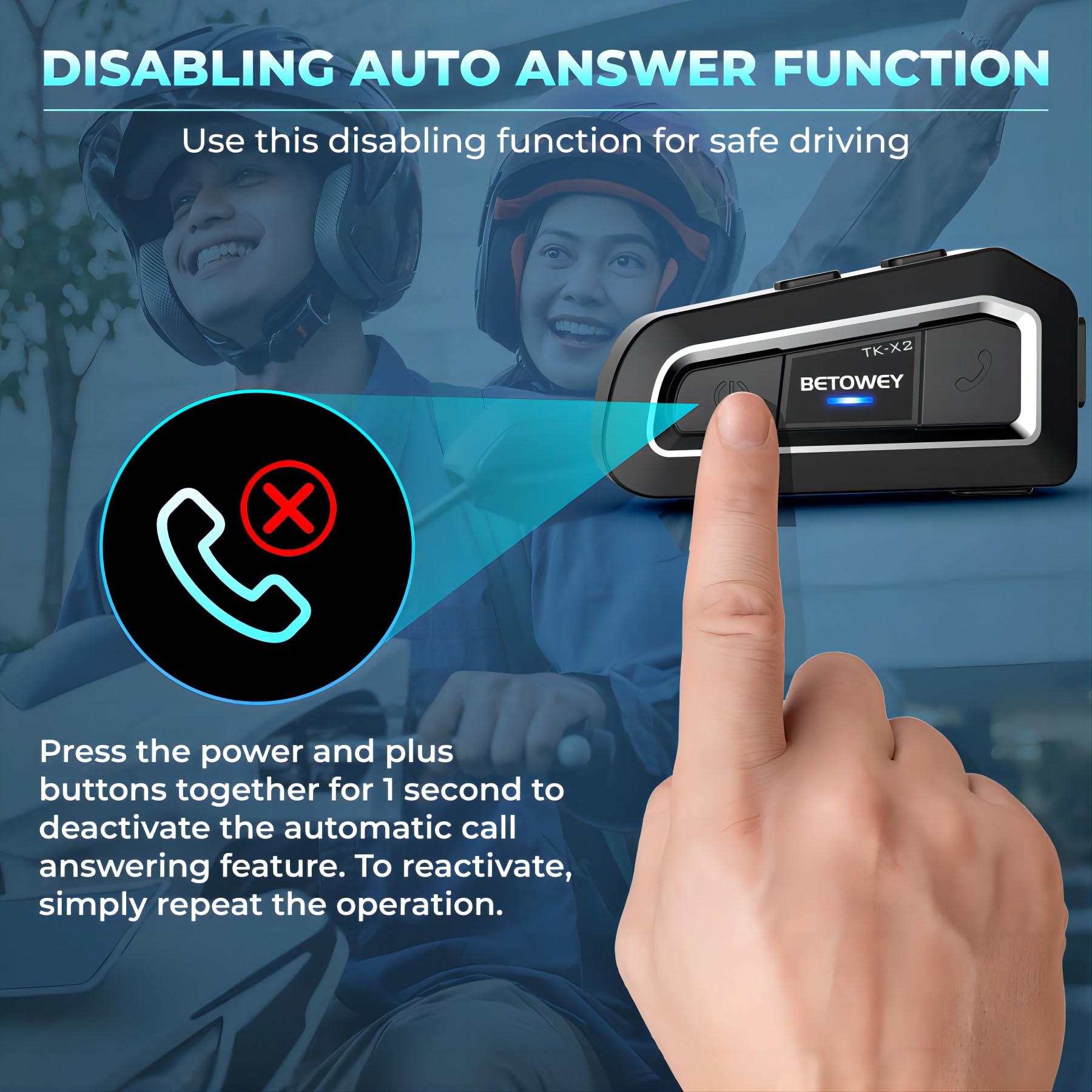BETOWEY TK-X2 Motorcycle Bluetooth Headset - Helmet Intercom Communication System with FM Radio & Dual Microphones for Snowmobile, ATV, Dirt Bike - Perfect for Group Riding, Adventure Tours & Off-Road Communication