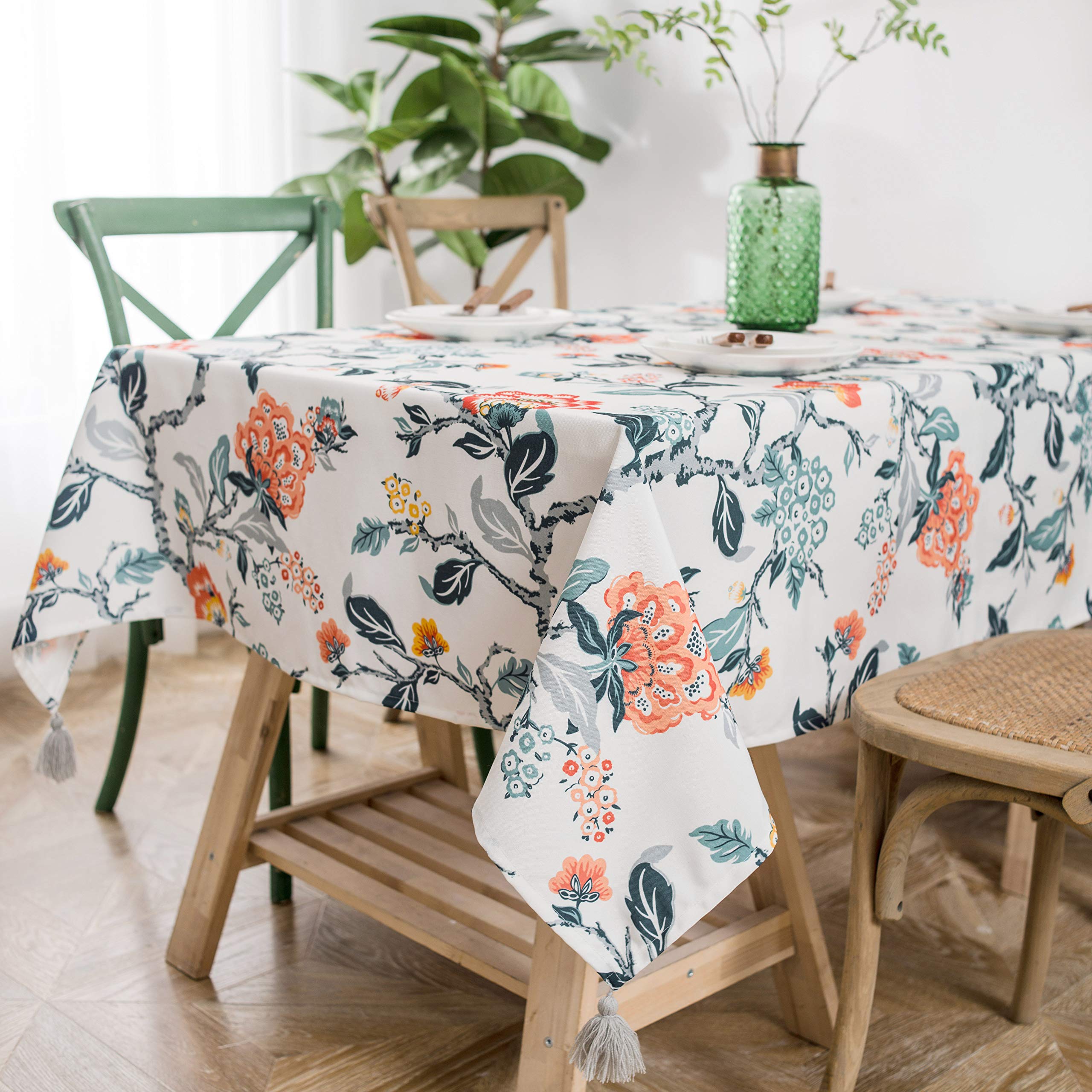 DriftAway Ada Tassel Rectangle Decorative Tablecloth 54x55 Inches - Elegant Indoor Outdoor Dining Cover for Buffet, Parties, Dinner & Special Events - Waterproof Washable Fabric for Picnics, Weddings, Holidays