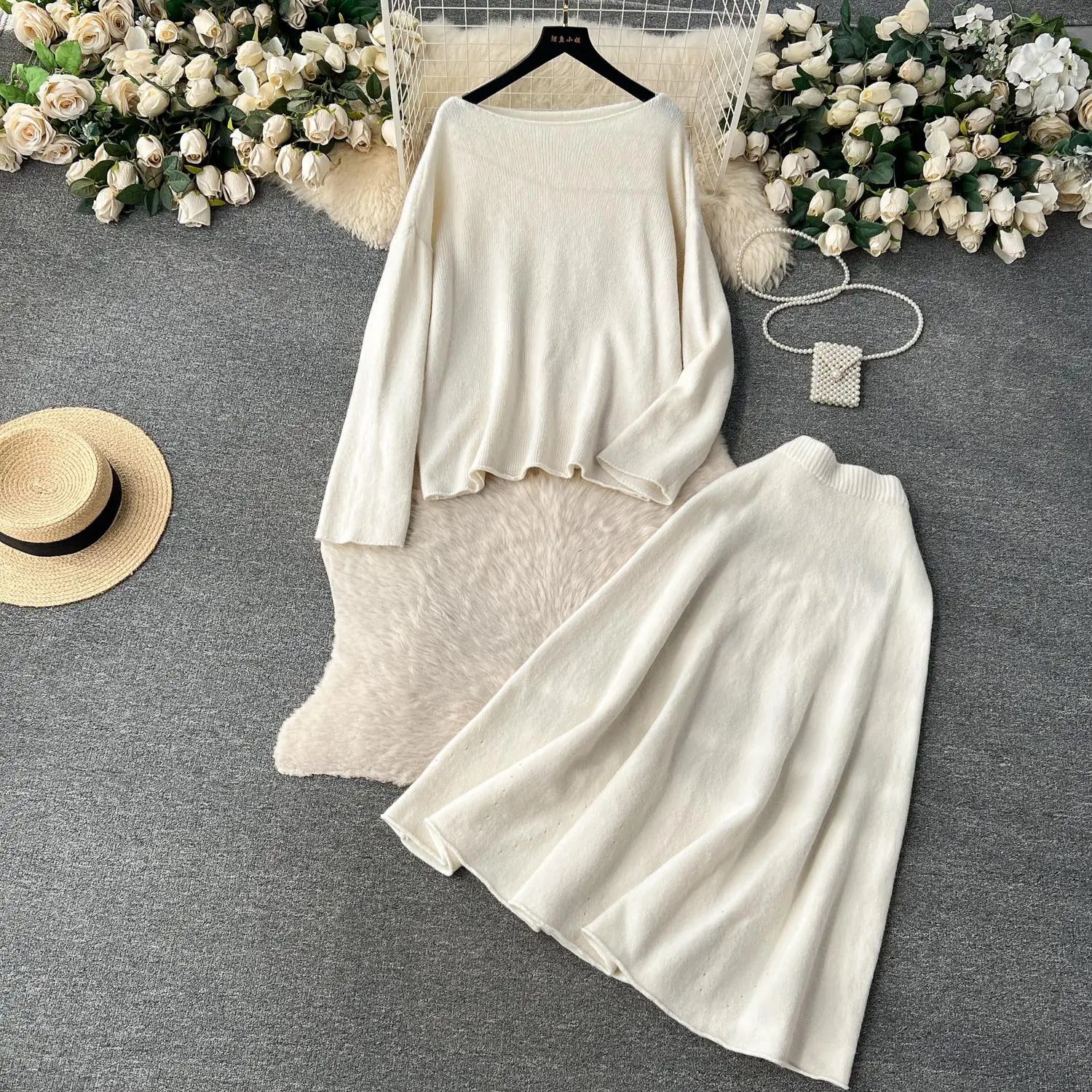 Women's Autumn Winter Knit Two Piece Set - Long Sleeve Pullover Top & High Waist Midi Skirt in White & Purple | Office Wear, Casual Outfits, Holiday Party Outfits