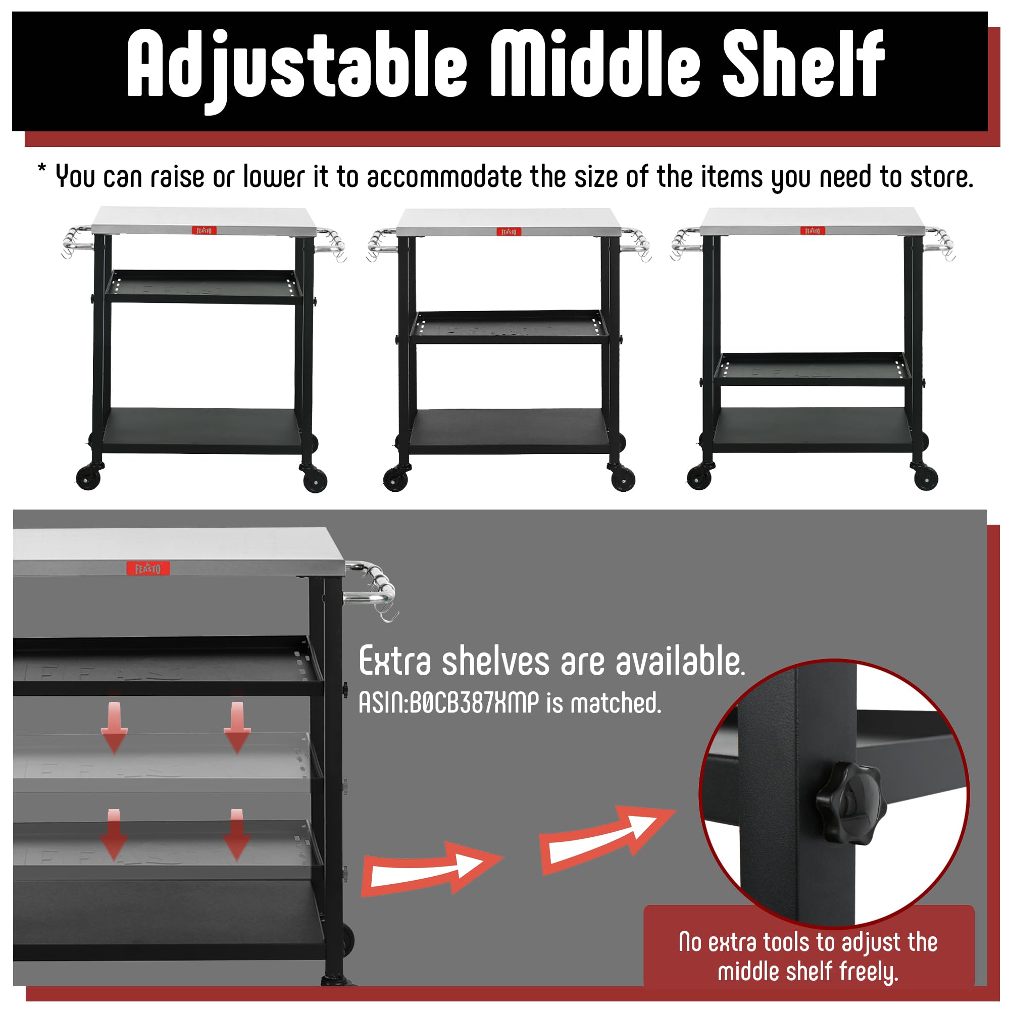 3-Tier Adjustable Grill Cart with Wheels - Stainless Steel Outdoor Pizza Oven Stand & BBQ Table (34