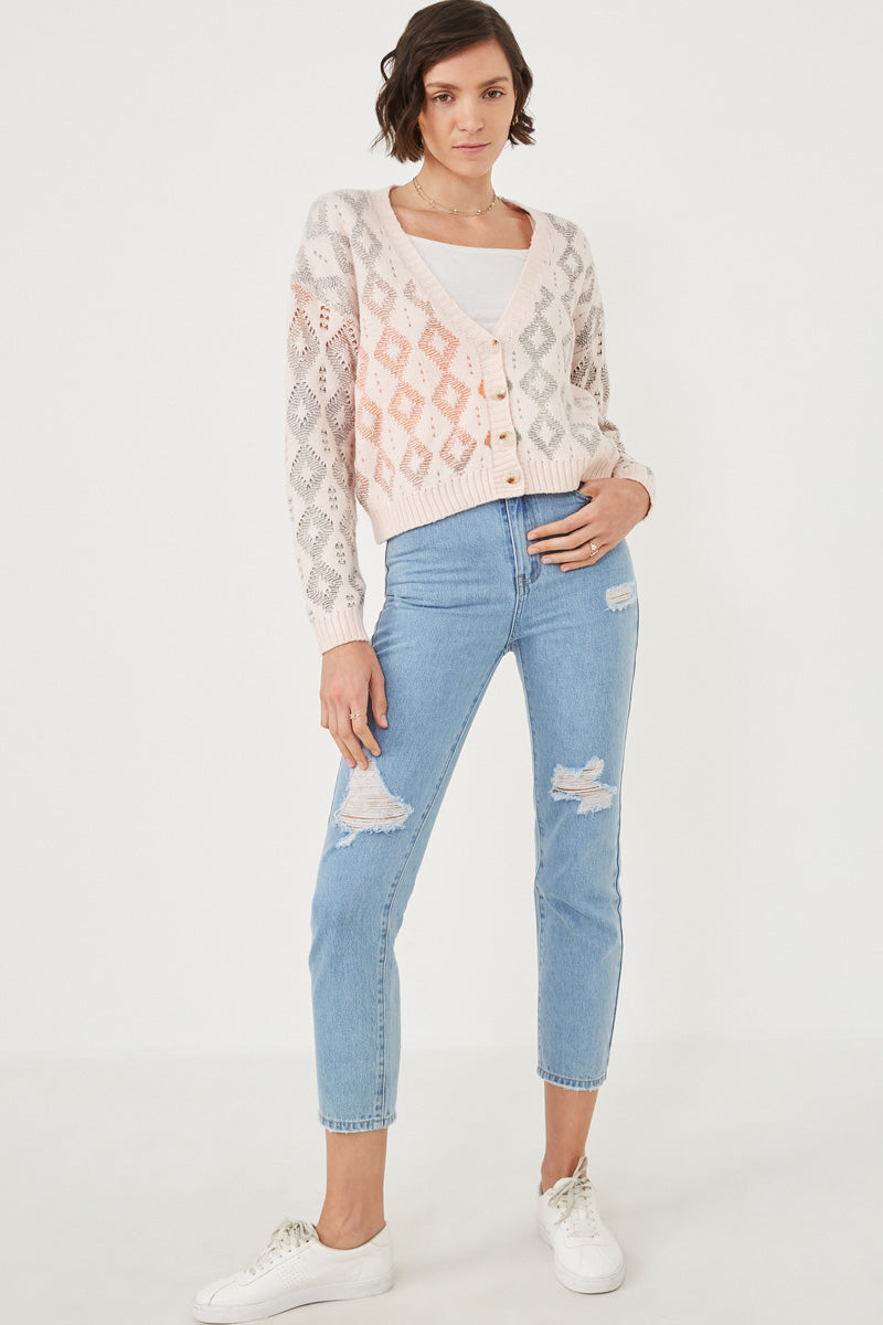 Women's Ombre Diamond Cropped Button Cardigan Sweater - Lightweight Knit Open Front Cover Up for Spring/Summer, Perfect for Office, Date Night & Casual Outfits
