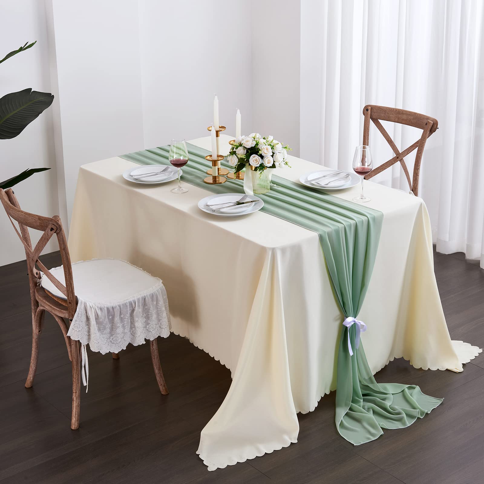 5 Pack Sage Green Chiffon Table Runner 10Ft (29x120 Inches) - Sheer Romantic Tulle Wedding Table Decor for Bridal Shower, Baby Shower, Birthday Party & Cake Table Decoration - Elegant Event & Home Decor