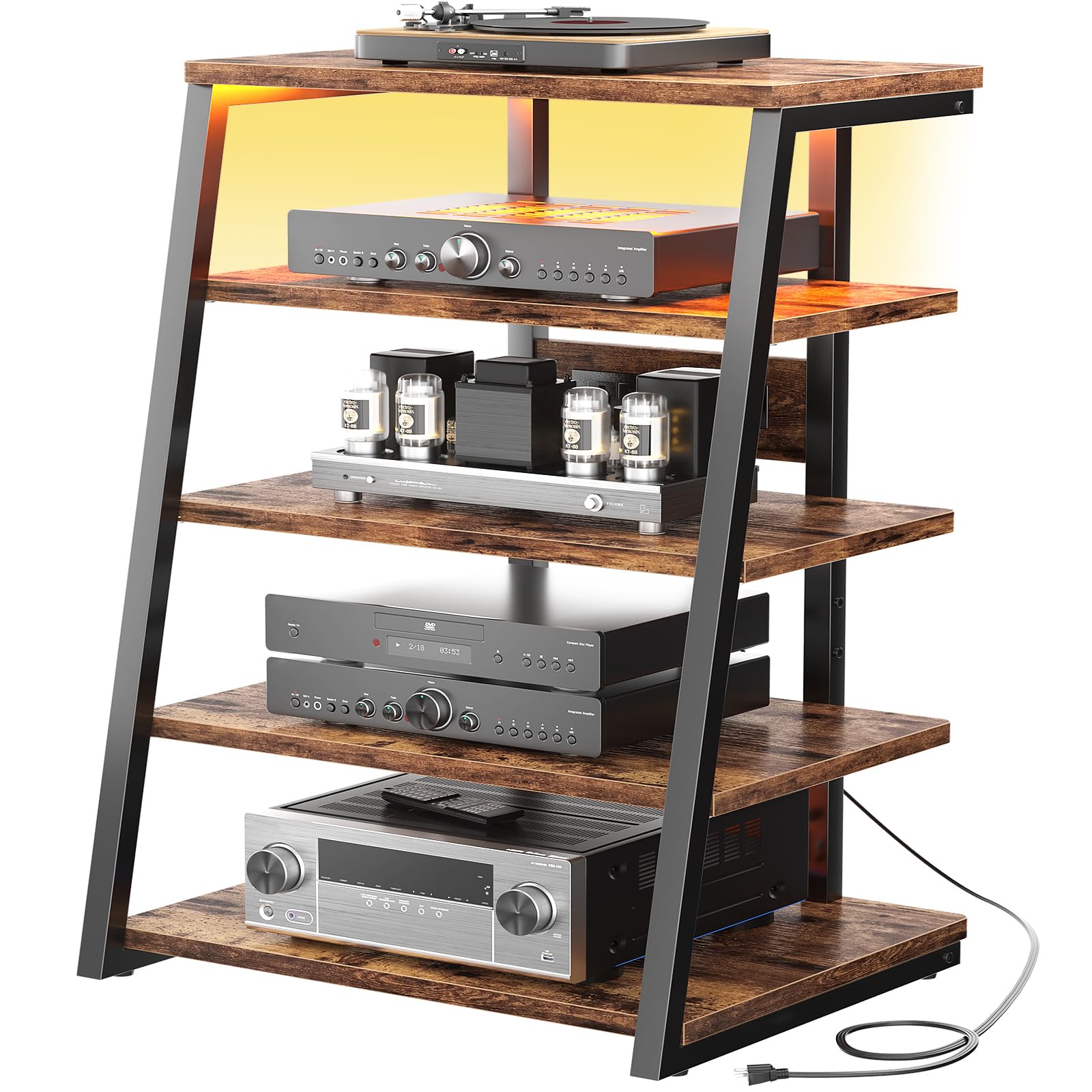 5-Tier AV Media Stand with Built-in Power Strips & LED Lights - Adjustable Shelves for Stereo, Gaming & Home Theater - Rustic Brown TV Console (40.8