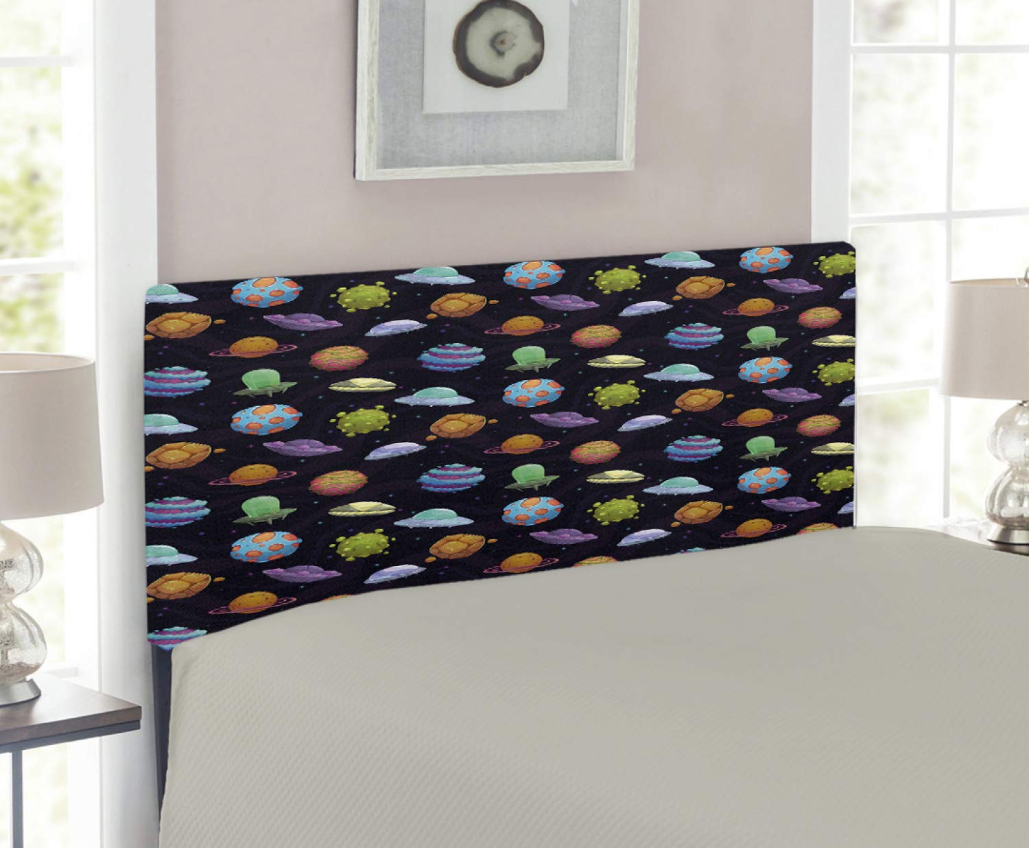 Ambesonne Space Themed Headboard - Twin Size Upholstered Metal Bed Headboard with Memory Foam | Sci-Fi Design Featuring UFOs, Planets & Alien Environments | Perfect for Kids' Bedroom, Dorm Room & Space Enthusiasts
