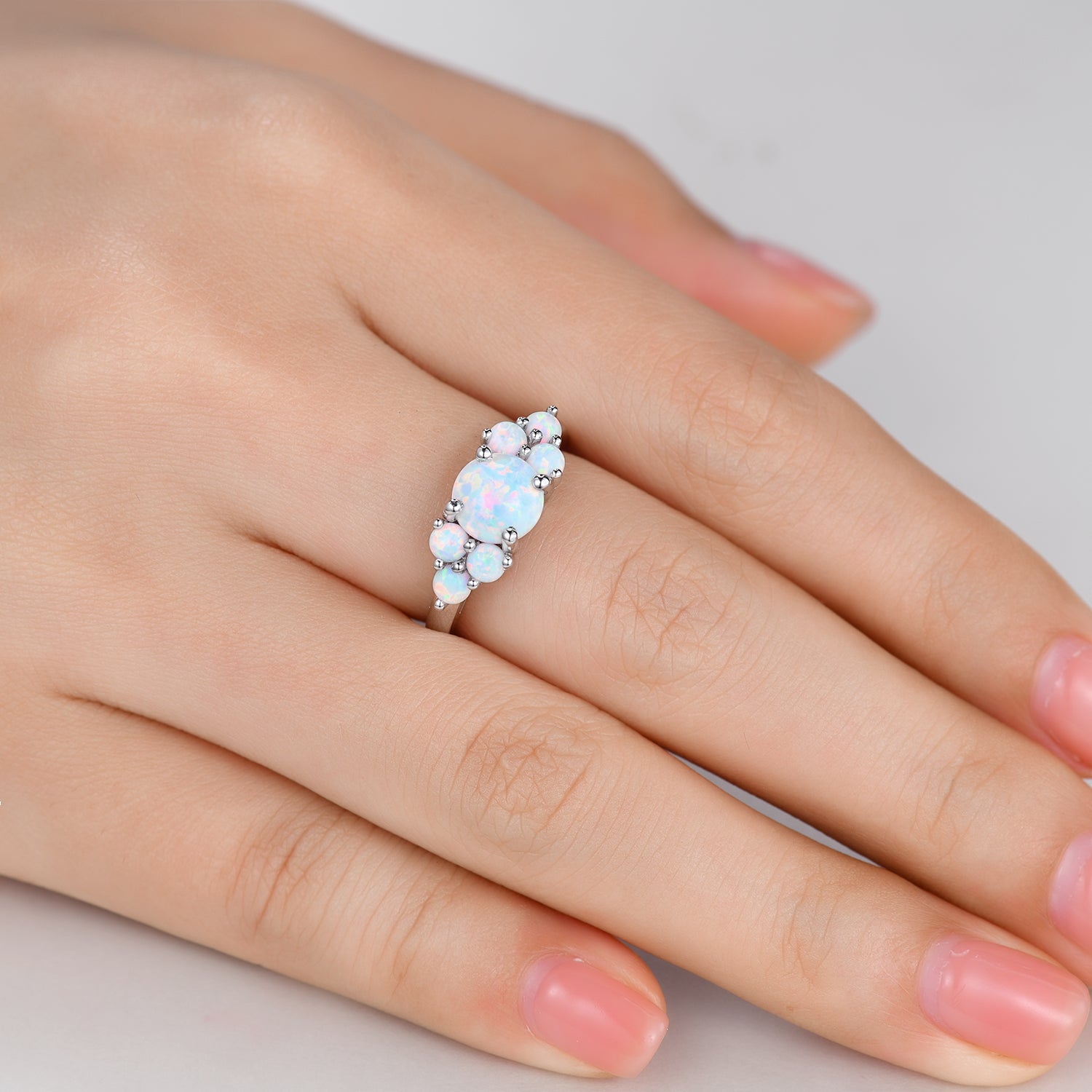 7mm Round White Opal Engagement Ring in 14K White Gold with Diamond Accents - Elegant Wedding Band, Promise Ring & Anniversary Gift for Her