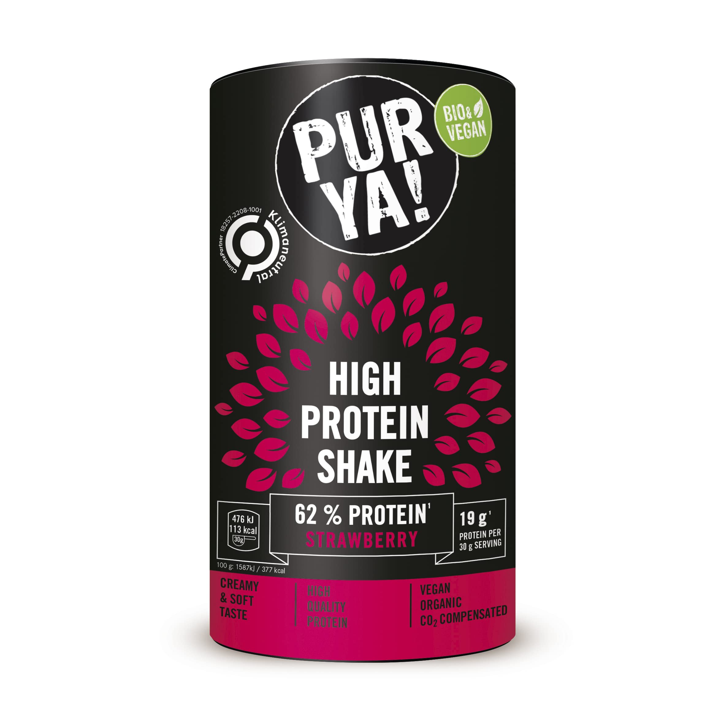PURYA! Vegan High Protein Shake Strawberry - Organic Plant-Based Protein Drink Powder for Sports & Fitness, Lactose-Free, 500g - Perfect for Post-Workout Recovery & Healthy Meal Replacement