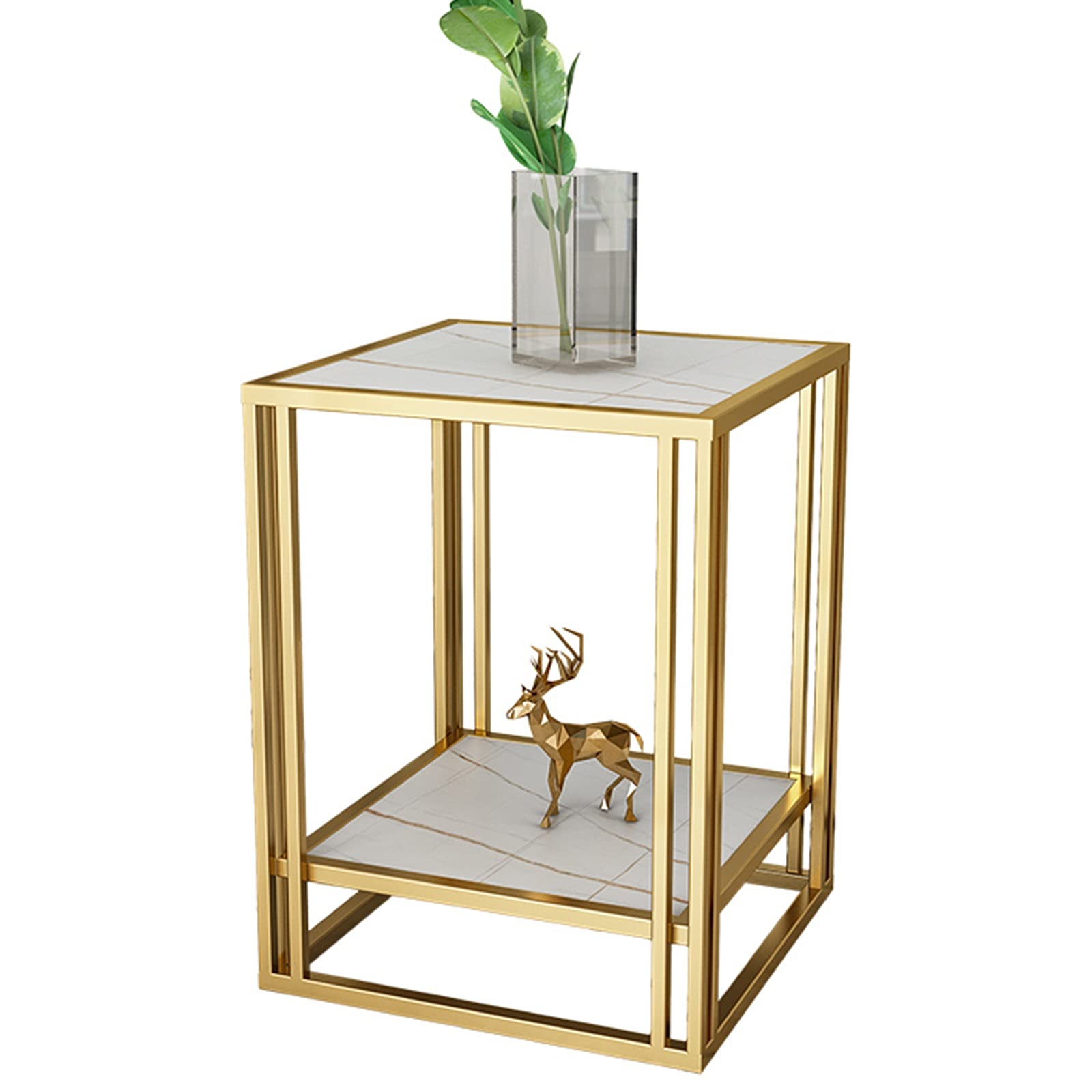 2-Tier End Table with Storage Shelf - Small Square Nightstand for Bedroom, Living Room & Home Office - White & Gold Accent Side Table - Perfect for Plants, Books & Decor