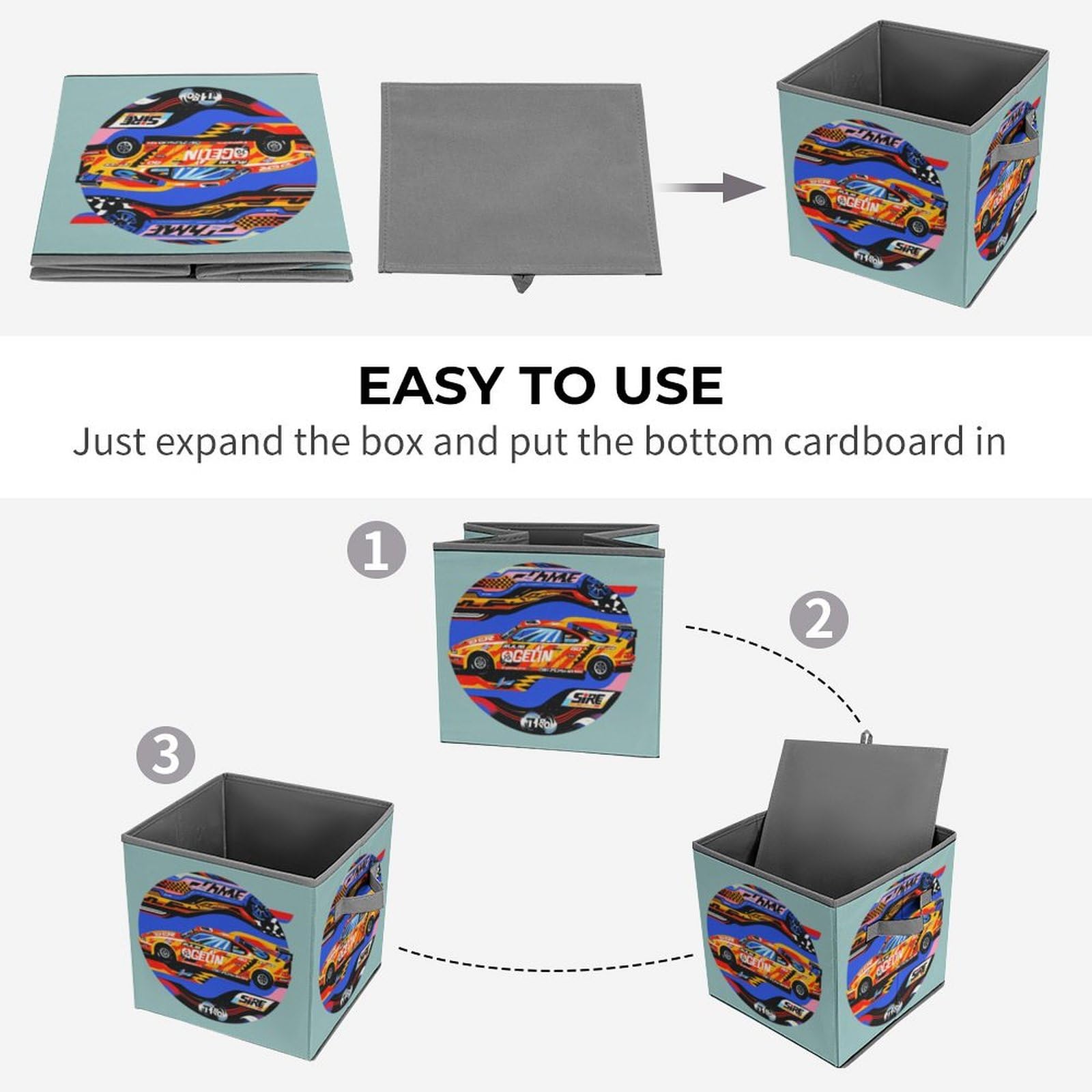 Collapsible Storage Bins with Handles - Printed Speed Racing Design for Extreme Sports Gear Organization | Perfect for Garage, Closet & Sports Equipment Storage