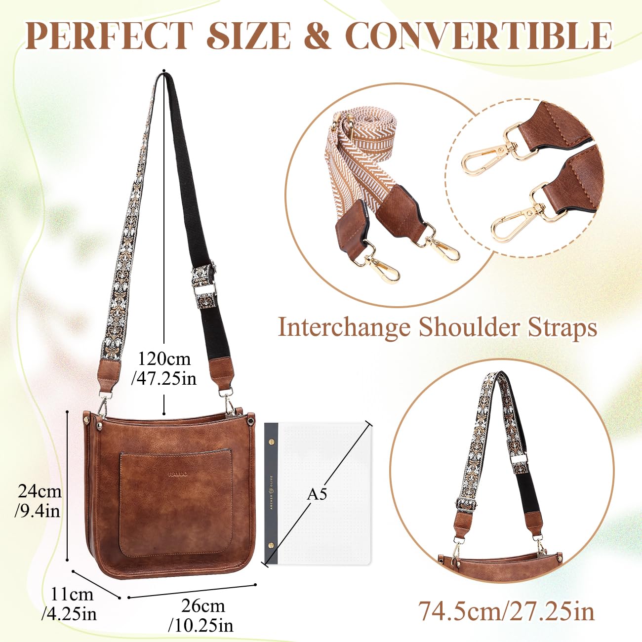 RAVUO Vegan Leather Crossbody Bag for Women - Adjustable Straps, Stylish & Lightweight for Daily Use