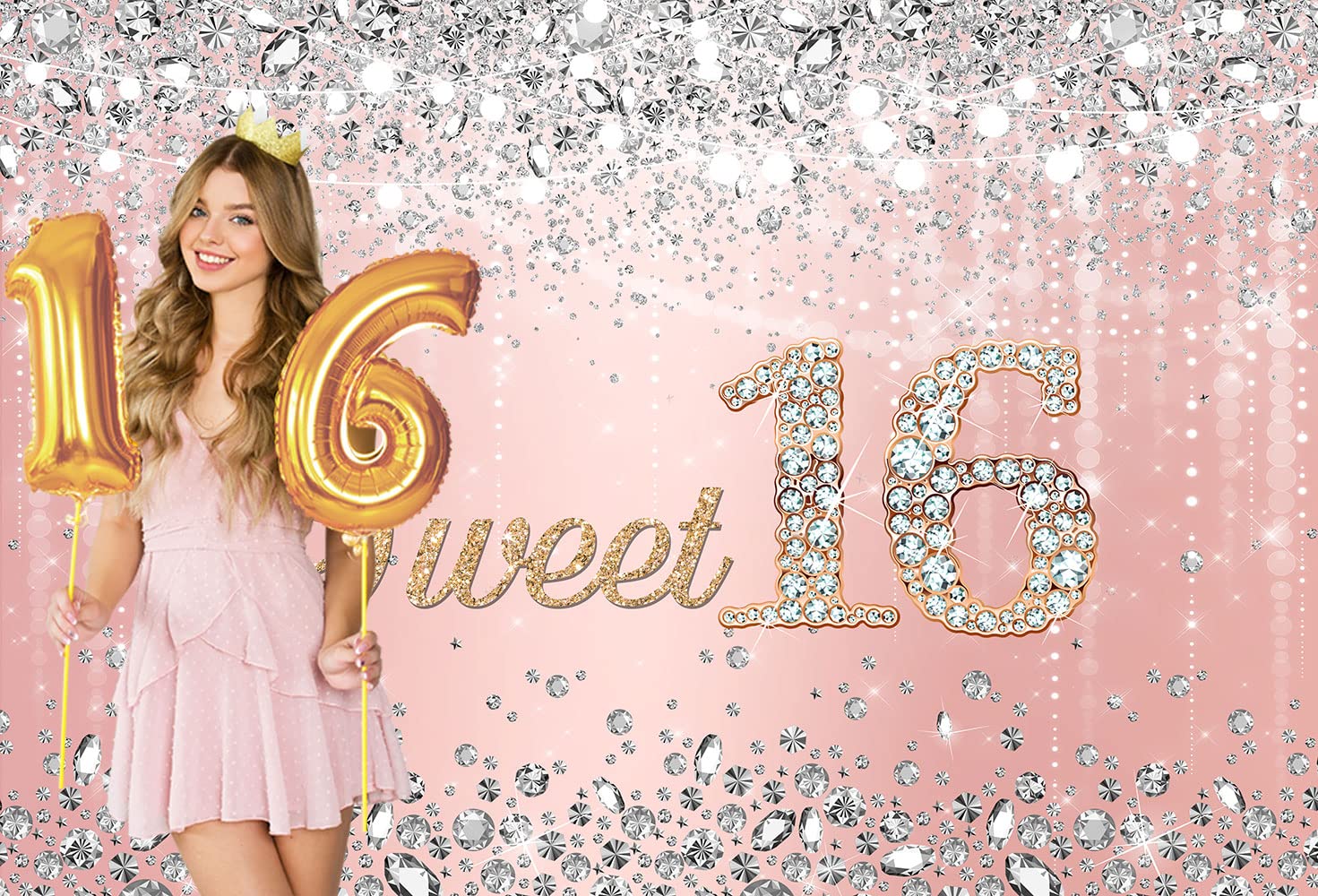 **Sensfun Rose Gold Princess Sweet 16 Birthday Backdrop - 8x6ft Glitter Photography Background with Silver Diamond Bokeh for Girls' 16th Birthday Party Decor, Cake Table & Banner - Perfect for Sweet Sixteen Celebrations, Photo Shoots & Party Decorations**