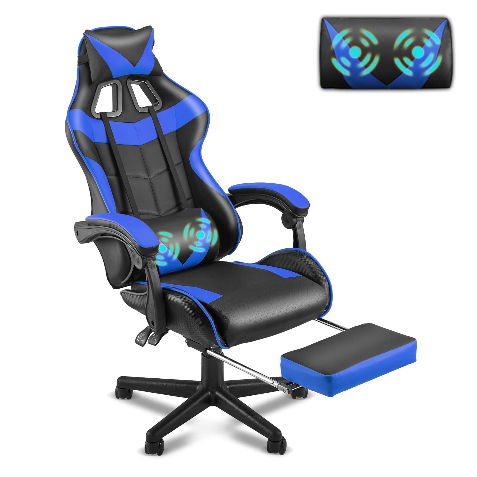 Soontrans Storm Blue Ergonomic Gaming Chair with Adjustable Footrest, Height-Adjustable Headrest & Lumbar Support - Perfect for PC Gaming, Office Work & Home Study - Comfortable Computer Desk Chair for Gamers & Professionals