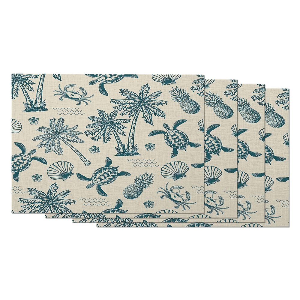 Premium 12x18 Inch Tropical Palm Trees & Turtles Placemats Set of 4 - Monochrome Marine Animal Sketch Cotton Linen Table Mats for Dining Room Decor, Beach House Kitchen, and Coastal-Themed Parties