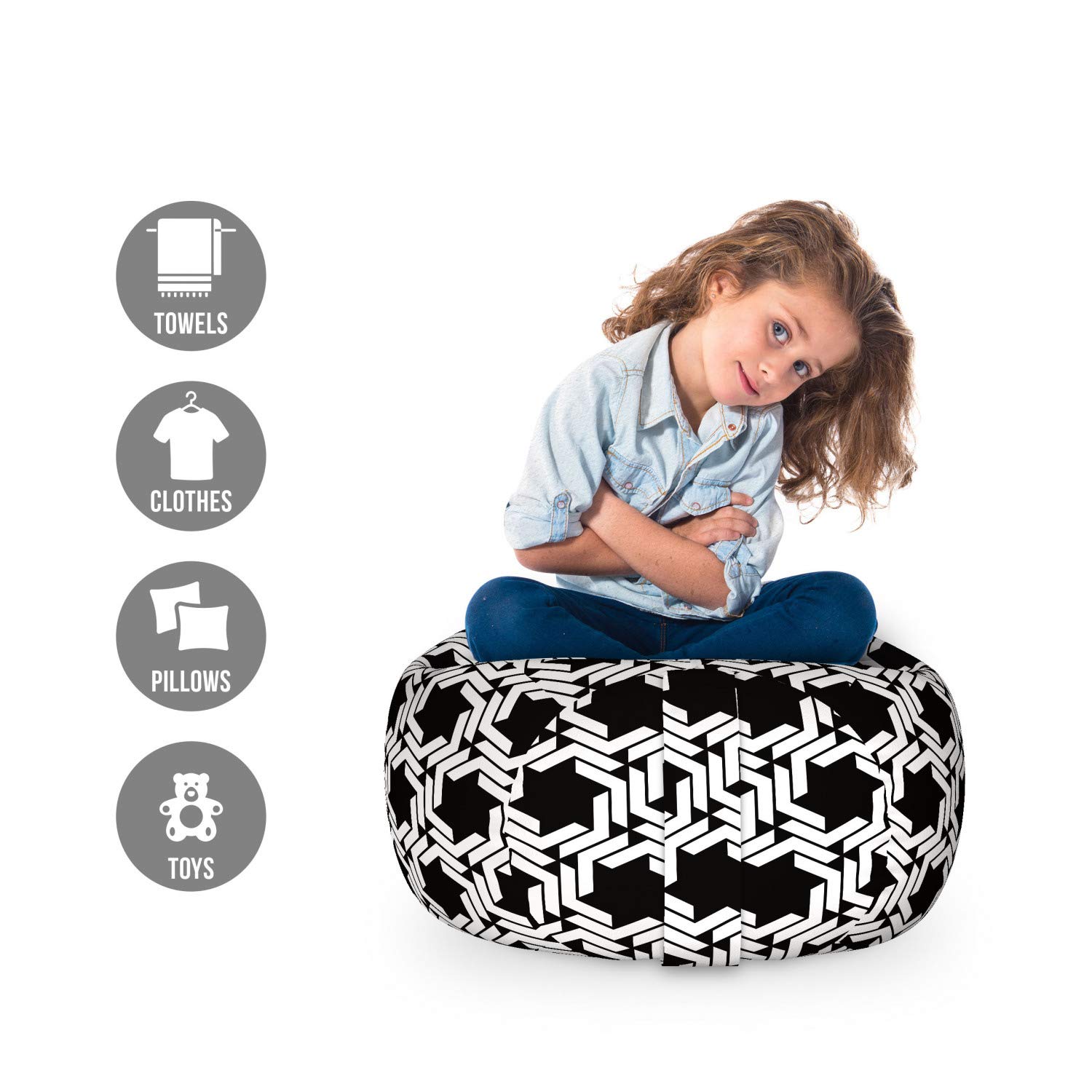 Ambesonne Black and White Geometric Toy Storage Bag Chair - Washable Stuffed Animal Organizer with Diagonal Hexagon Pattern, Small Size Charcoal Grey - Perfect for Kids' Room, Nursery or Playroom Organization