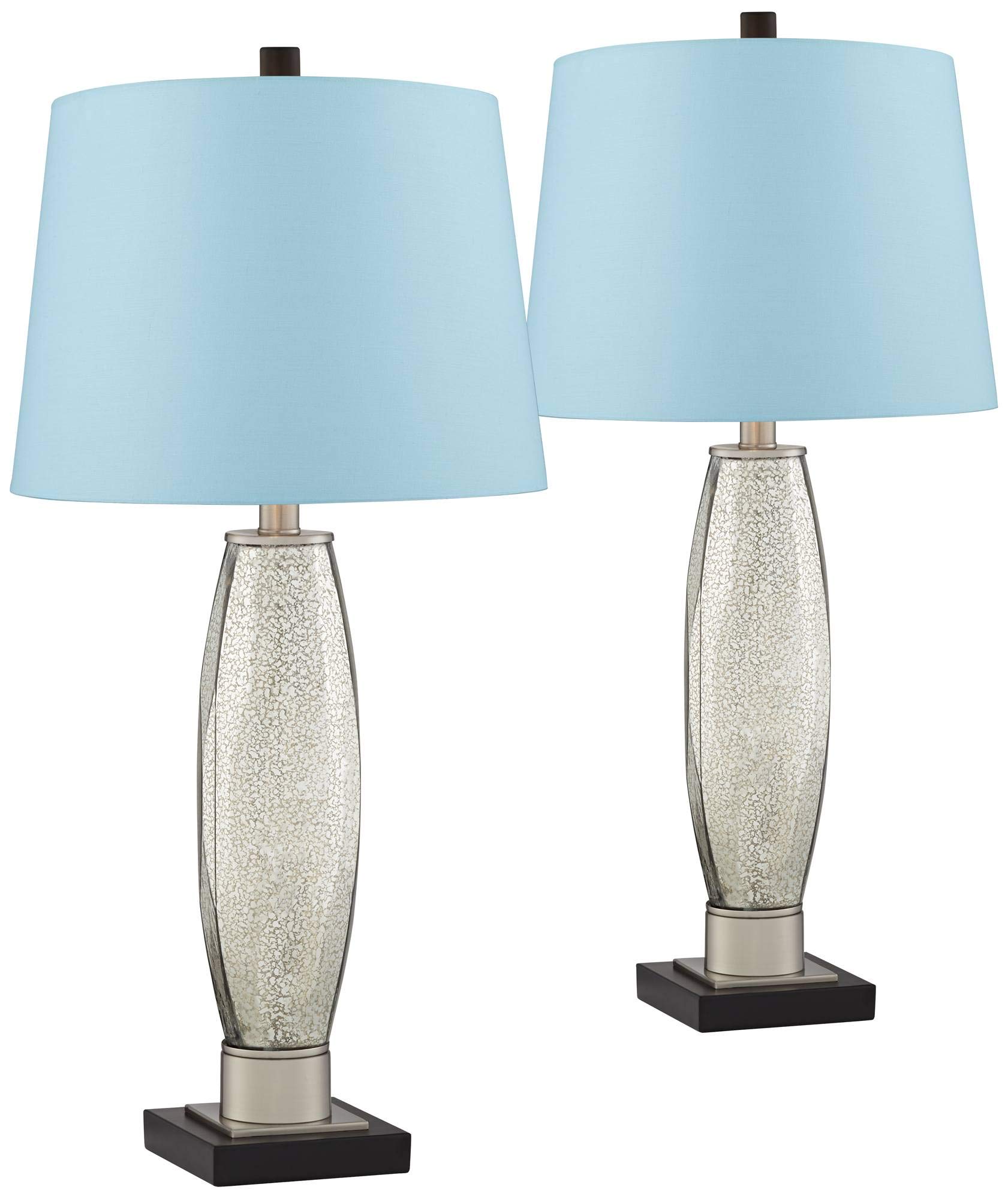 Regency Hill Landro Modern Luxury Table Lamps - Set of 2 Mercury Glass Silver Blue Drum Shade, 27.5