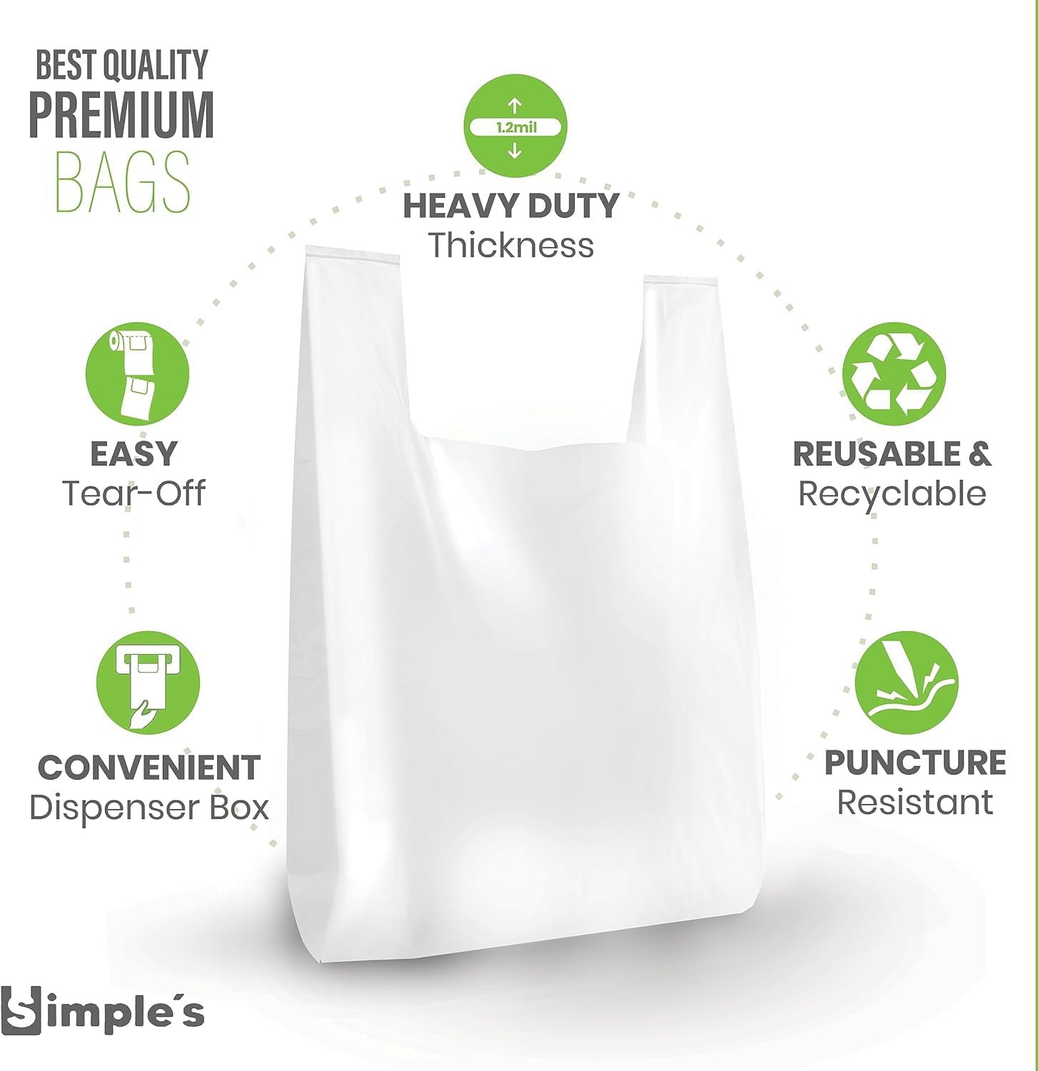 Simple's Household T-Shirt Bags, 50 Count - Durable Plastic Grocery Bags for Shopping, Storage & Organization | Eco-Friendly Reusable Bags for Supermarket, Laundry & Home Use