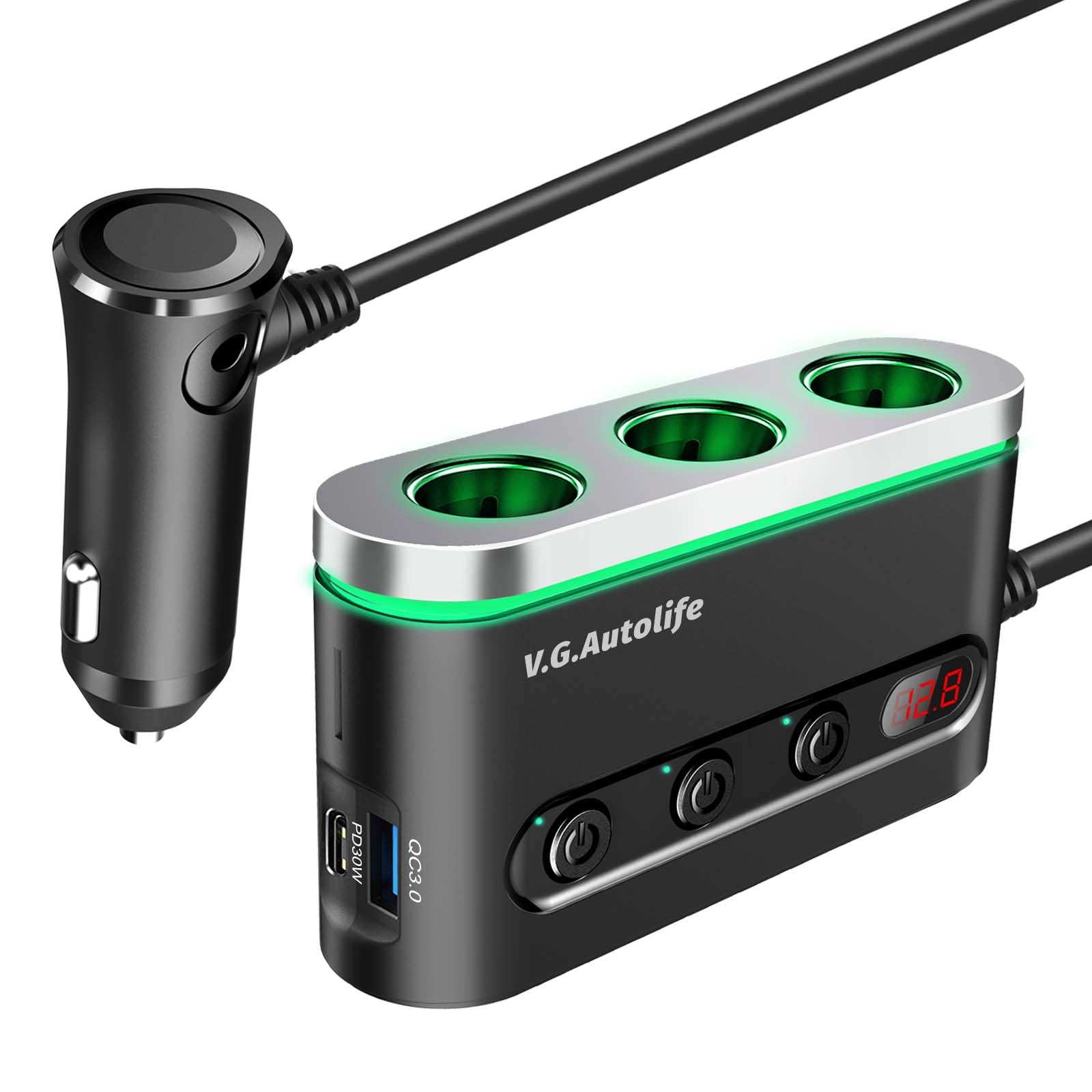 VGAutolife 200W 3-Socket Car Power Outlet Splitter with USB & PD 30W QC3.0 Fast Charging - 12V/24V Cigarette Lighter Adapter for Phones, Tablets & Car Devices - Perfect for Road Trips, Camping & Emergency Charging