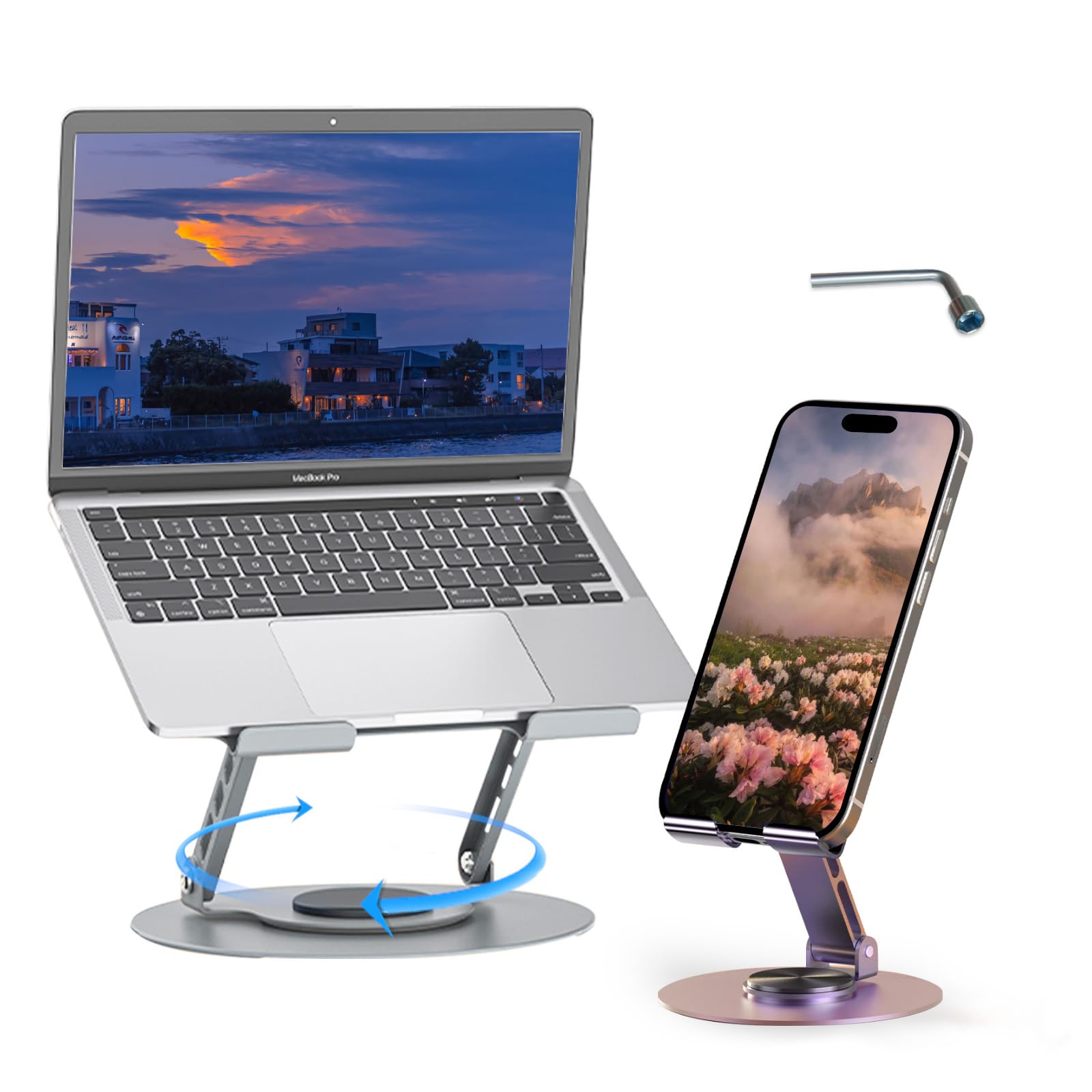 360° Rotating Adjustable Metal Phone Holder & Laptop Stand - Dual Rotary Shaft, Foldable Design (Purple & Grey) - Compatible with All Smartphones & Laptops - Perfect for Home Office, Gaming, and Video Conferencing