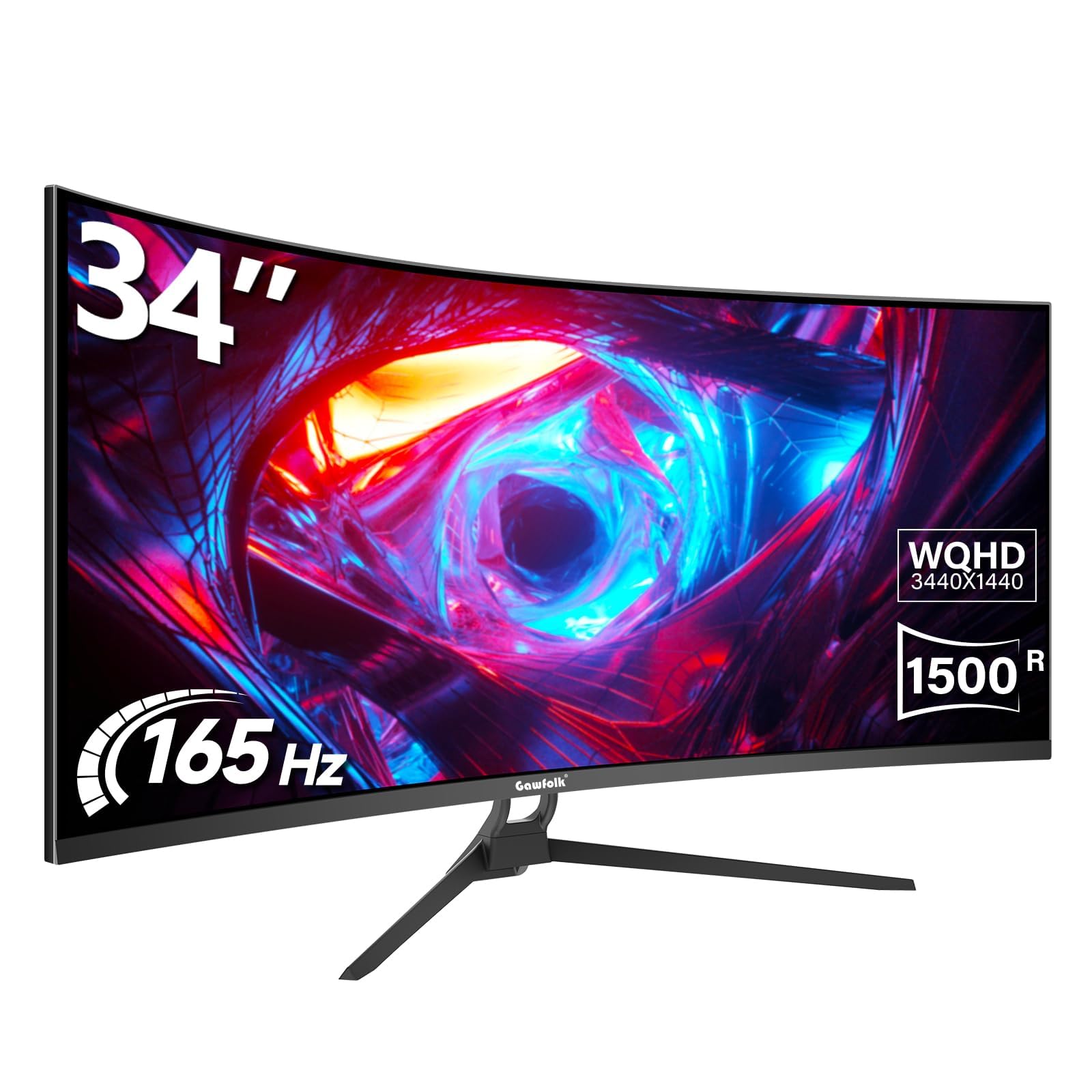 34 Inch Ultrawide Curved Gaming Monitor 1500R - 165Hz UWQHD 3440x1440 PC Screen with FreeSync, 75x75mm VESA Mount | Immersive Gaming & Productivity for Home Office & Esports
