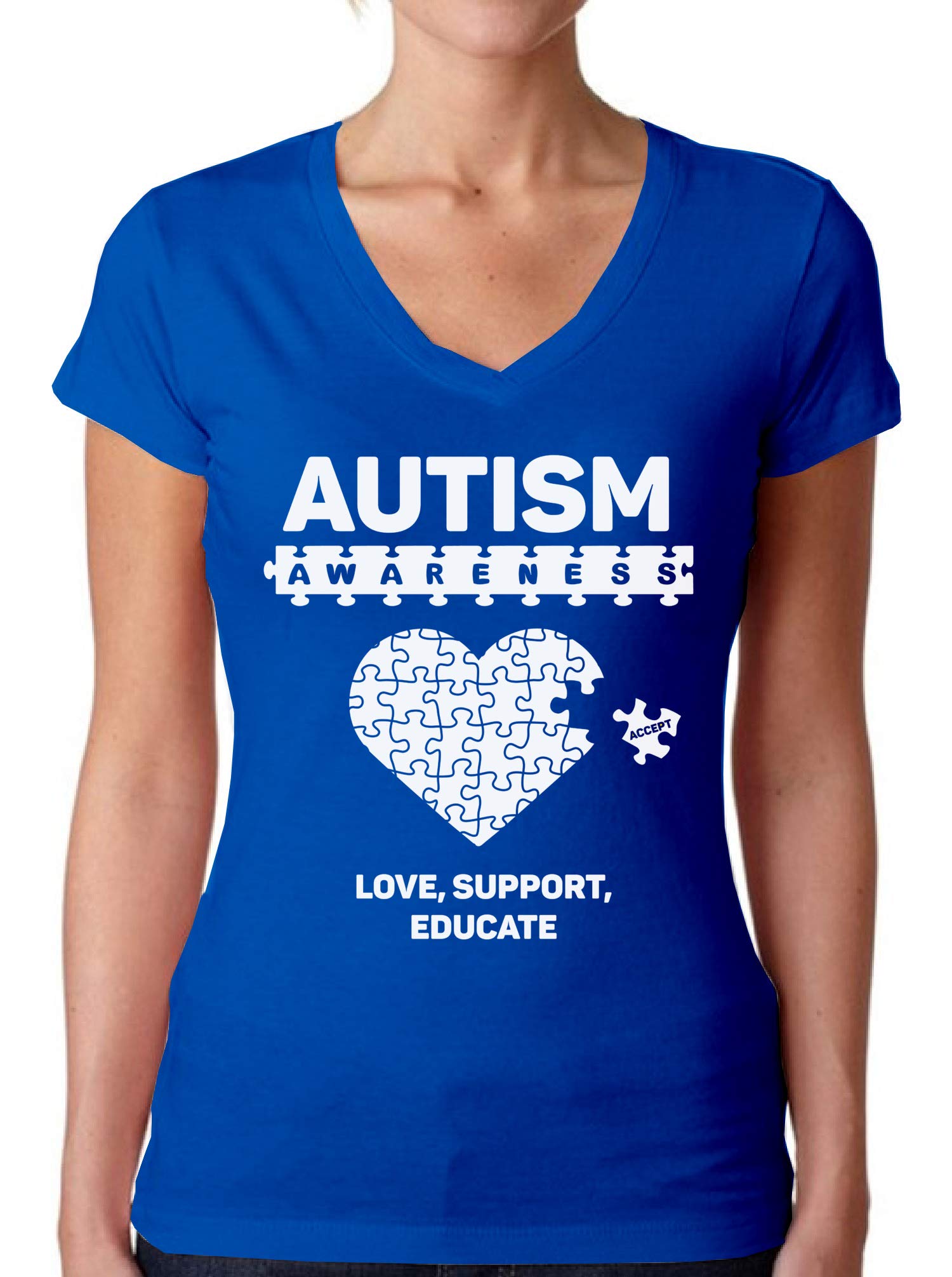 Autism Awareness V-Neck T-Shirt for Women - Love Support Educate Shirt - Special Education Teacher Tee - Comfortable Cotton Apparel for Autism Awareness Month & Daily Wear