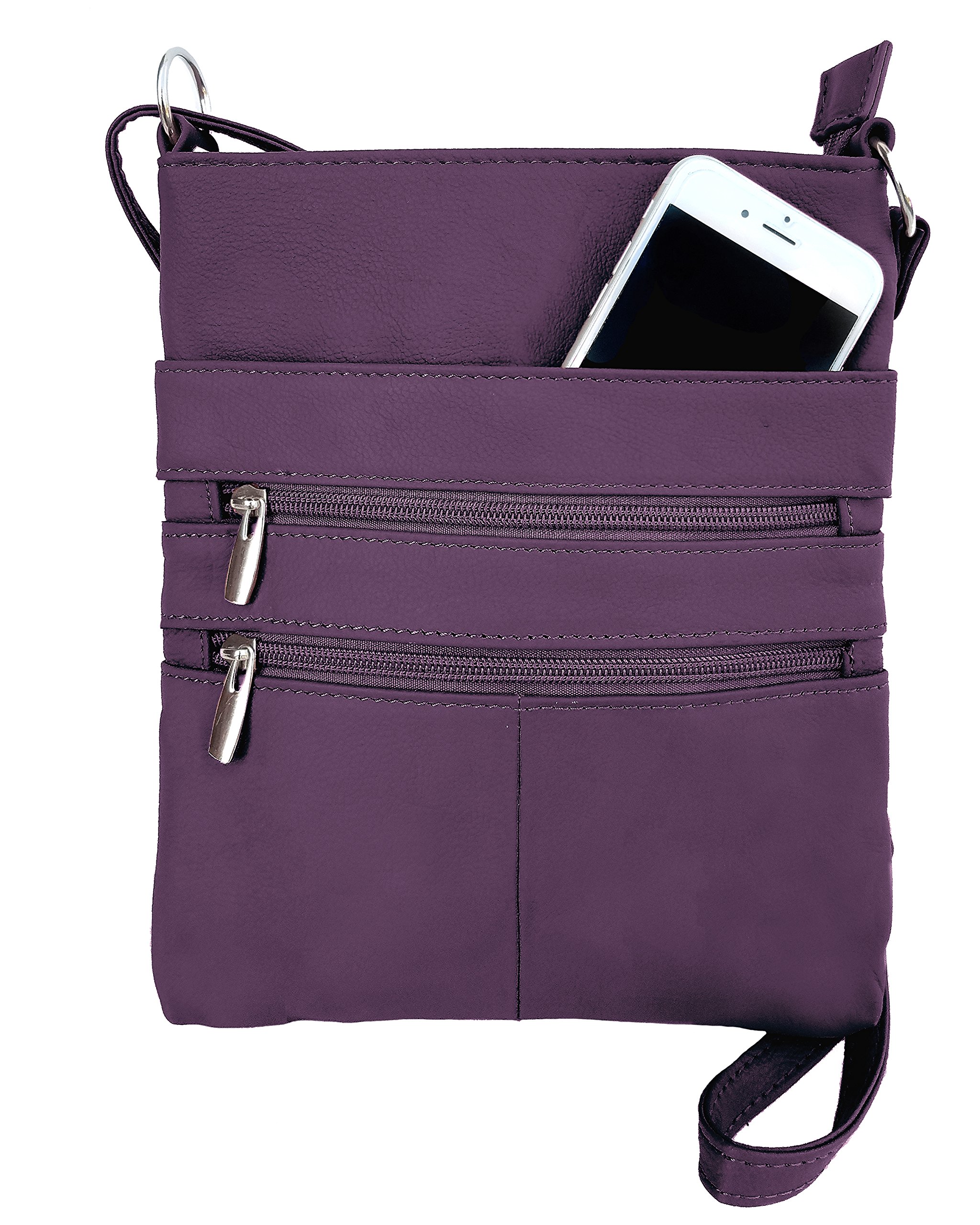 Premium Purple Leather Mini Crossbody Bag for Women - Multi Pocket Double Zipper Handbag with Adjustable Shoulder Strap - Convenient Travel Purse & Everyday Use - Designed in USA | Perfect for Work, Shopping & Vacation