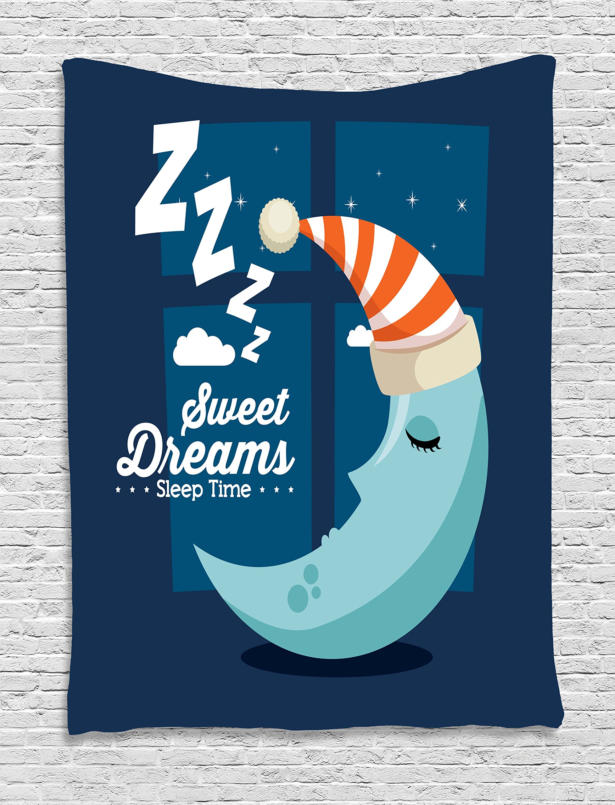 Ambesonne Moon in a Hat Tapestry - 40x60 Inch Bohemian Wall Hanging Decor for Bedroom, Living Room & Dorm - Starry Night Sky Design with Sleeping Time Quote - Perfect for Boho Home Decor, Photo Backdrops & Cozy Room Aesthetics