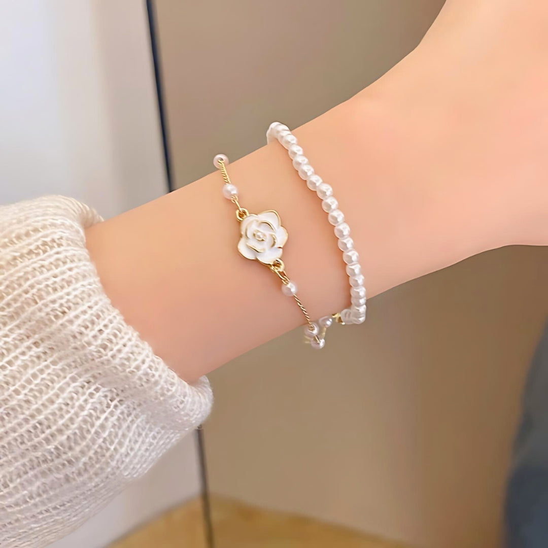 Dainty Camellia Charm Ivory Pearl Bracelet for Women | Elegant Adjustable Fashion Jewelry Gift | Perfect for Weddings, Parties & Everyday Wear | HB1205