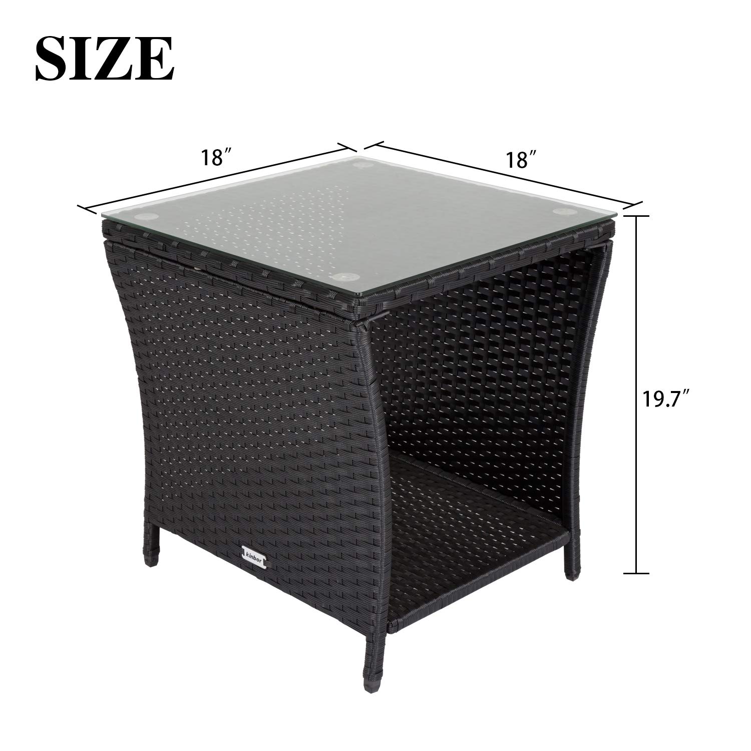 JSUN7 Outdoor Wicker Side Table with Storage & Glass Top - Square Rattan Patio End Table for Deck, Balcony, Poolside - Weather-Resistant Black Outdoor Furniture for Relaxing by the Pool or Entertaining Guests