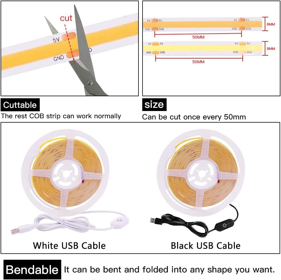 1m/3.3ft Flexible COB LED Strip Lights - 320 LEDs/m, 5V DC, Green Non-Waterproof Bendable Tape Light with USB Touch Dimmer for TV Backlight, Cabinet, Home Decoration & DIY Projects - Perfect for Bedroom, Kitchen, Gaming Setup and Party Lighting