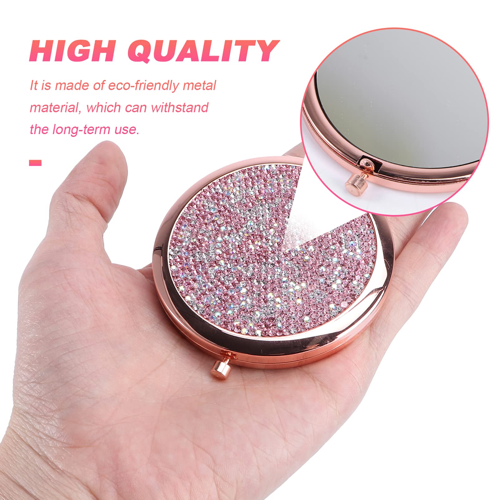 HEALLILY Compact Folding Makeup Mirror with Rhinestones - Portable Travel Cosmetic Mirror for Women & Girls, Pink Handheld Mirror for Purse, Gym, Office & On-the-Go Touchups