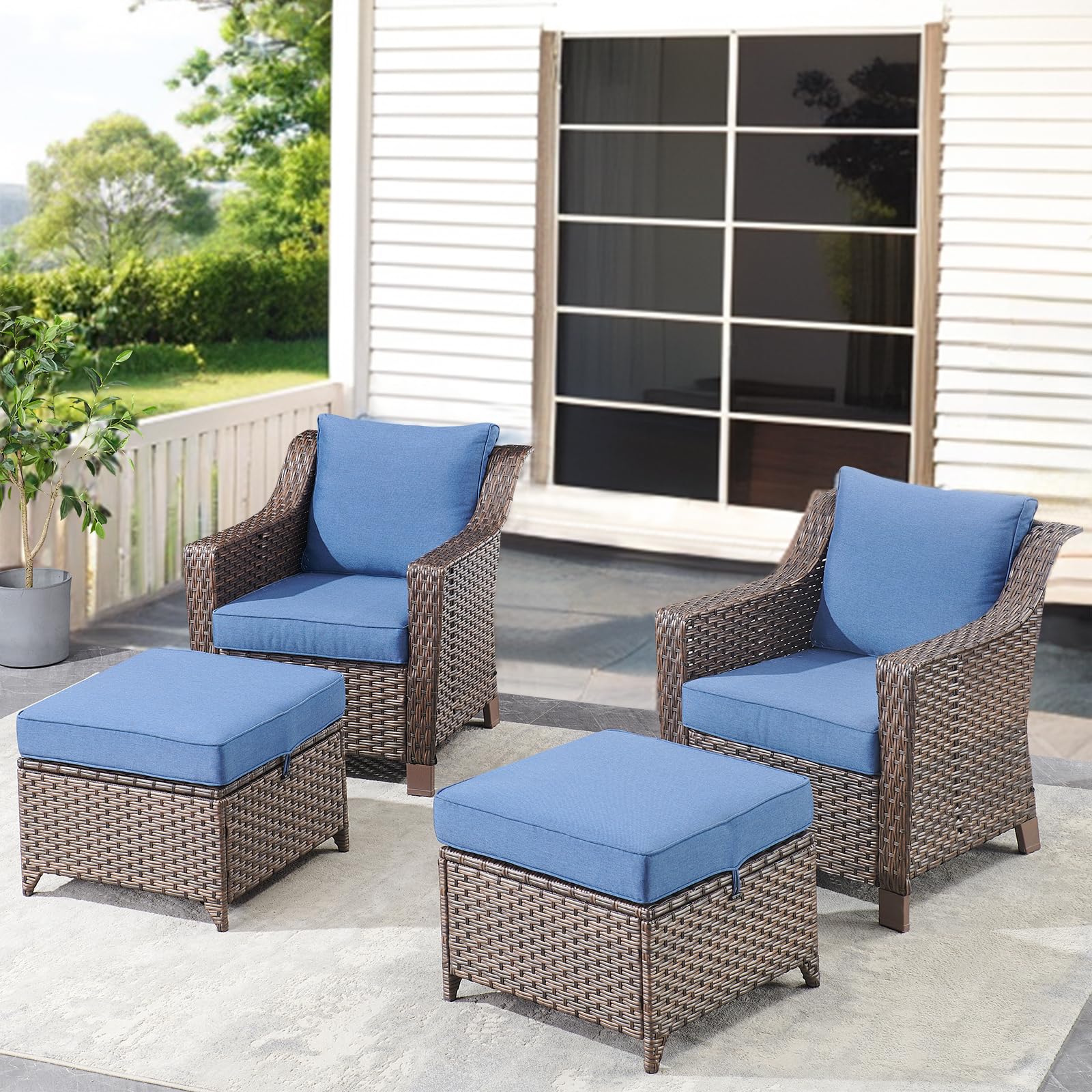 Heavy Duty Outdoor Wicker Ottomans - Weather-Resistant Rattan Footrest Stool for Porch, Balcony, Backyard, Deck & Apartment (Brown/Blue) - Perfect for Relaxing, Reading & Outdoor Entertaining