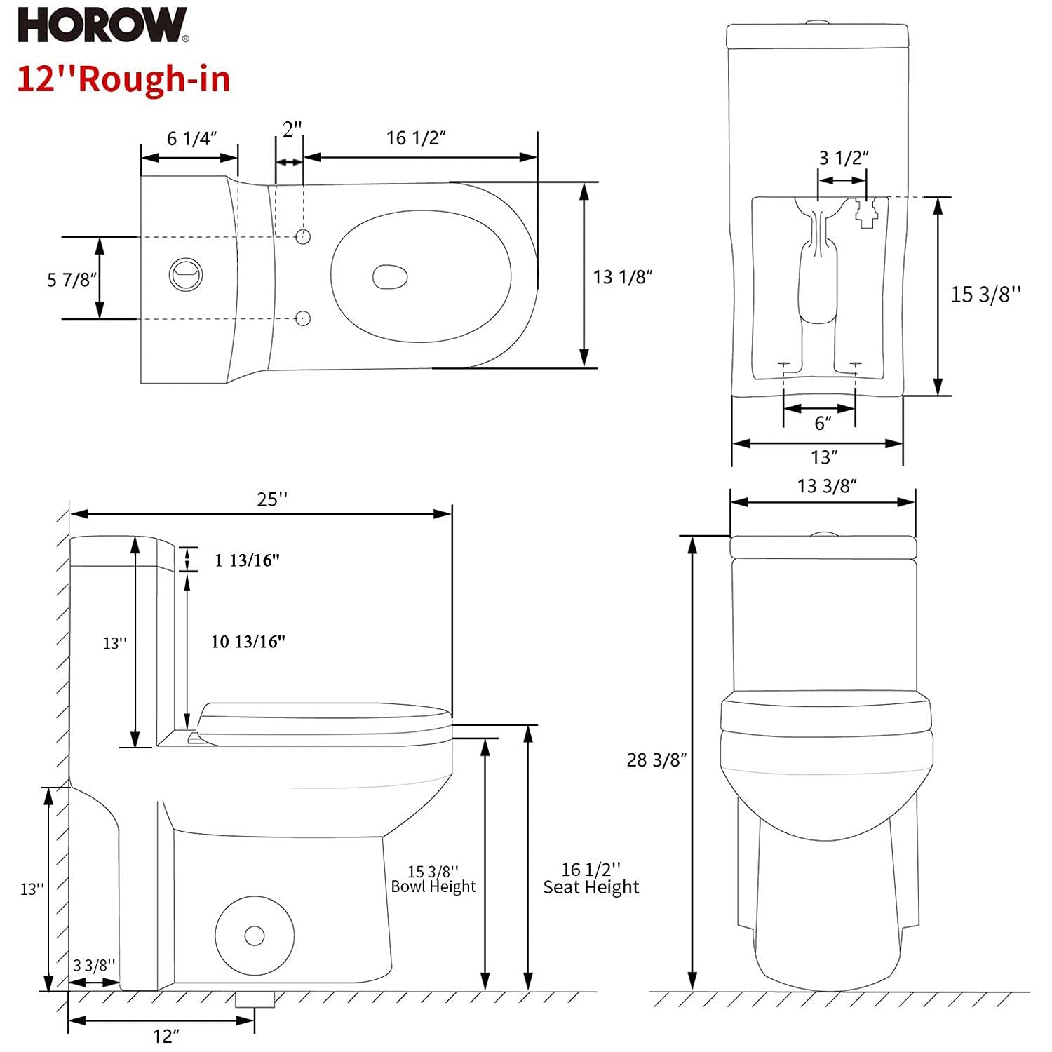 HOROW HWMT-8733U Compact One-Piece Toilet with Power Dual Flush | Water-Saving Bathroom Toilet | Soft-Closing Quick Release Seat | 12'' Rough-In White Toilet Bowl | Perfect for Small Bathrooms & Space-Saving Solutions